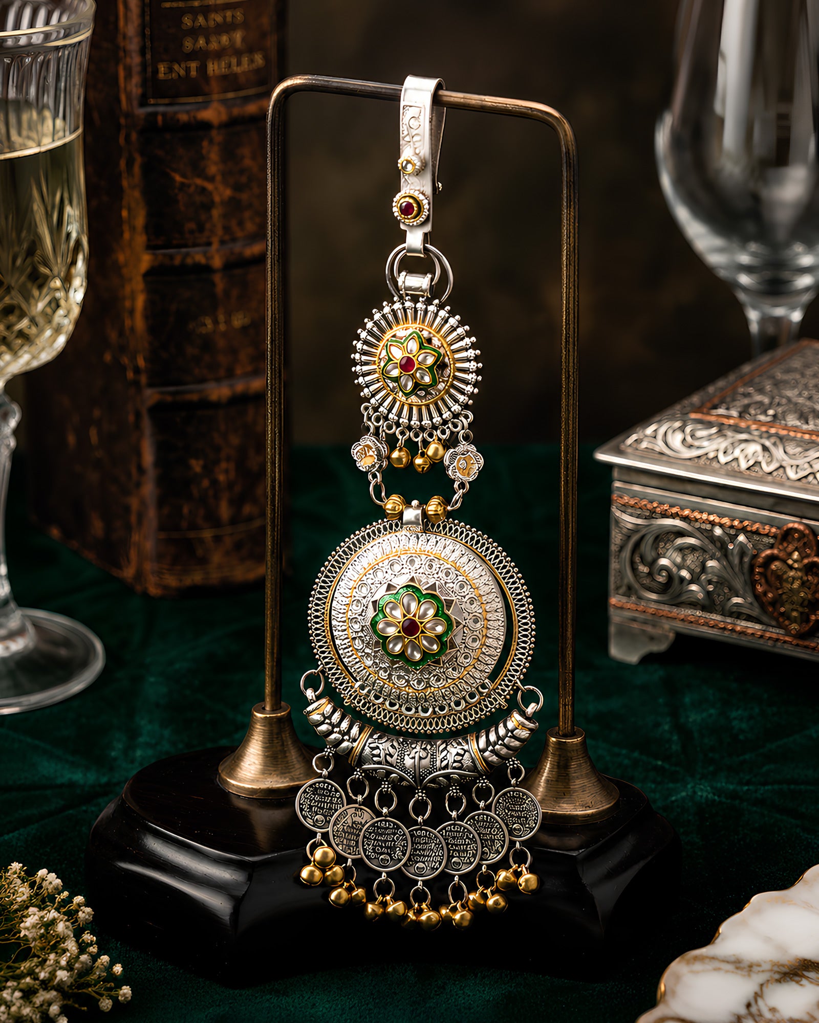 Dual-Tone Meenakari Medallion & Coin-Fringed Oxidized Juda Pin