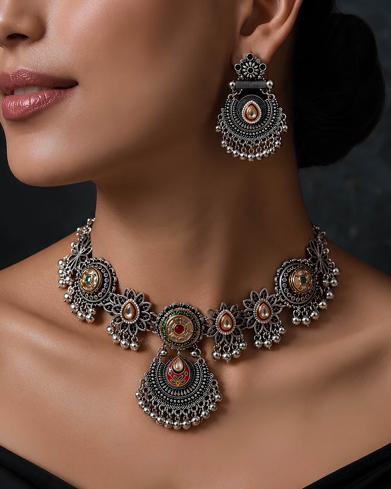 Dual-Tone Meenakari Medallion & Shield Pendant Necklace Set
