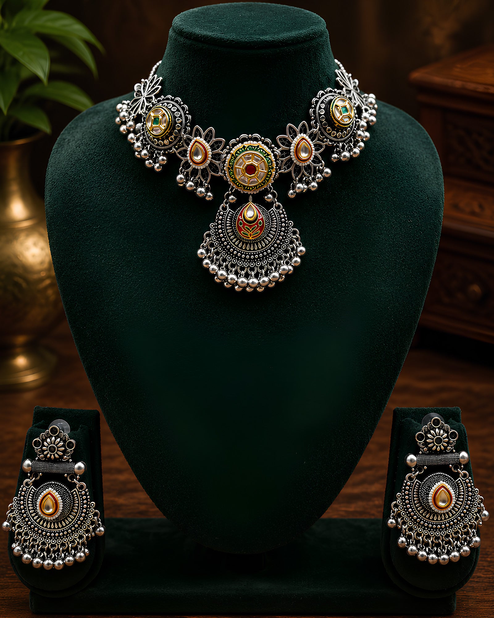 Dual-Tone Meenakari Medallion & Shield Pendant Necklace Set