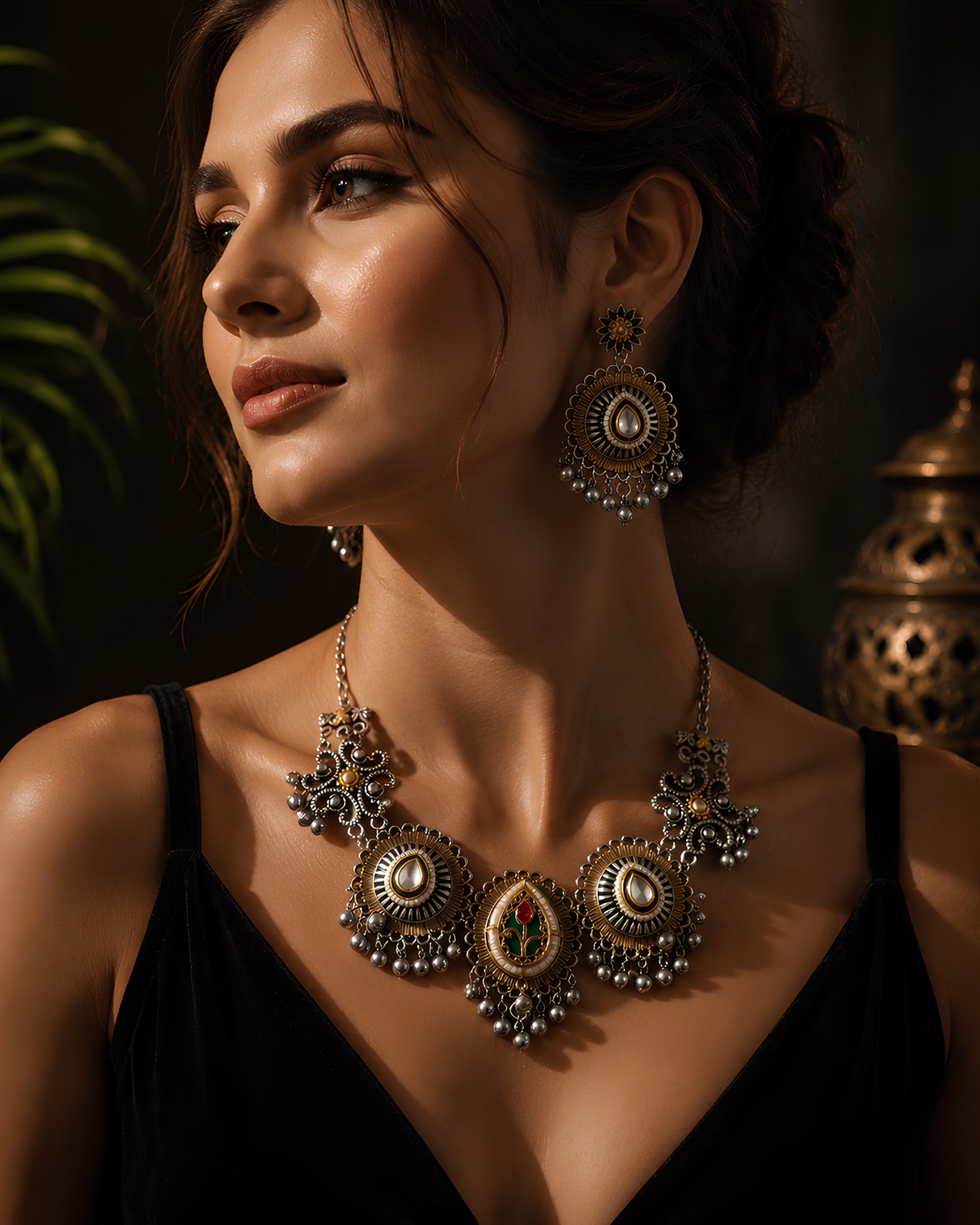 Dual-Tone Meenakari Paisley & Sunburst Ghungroo Necklace Set