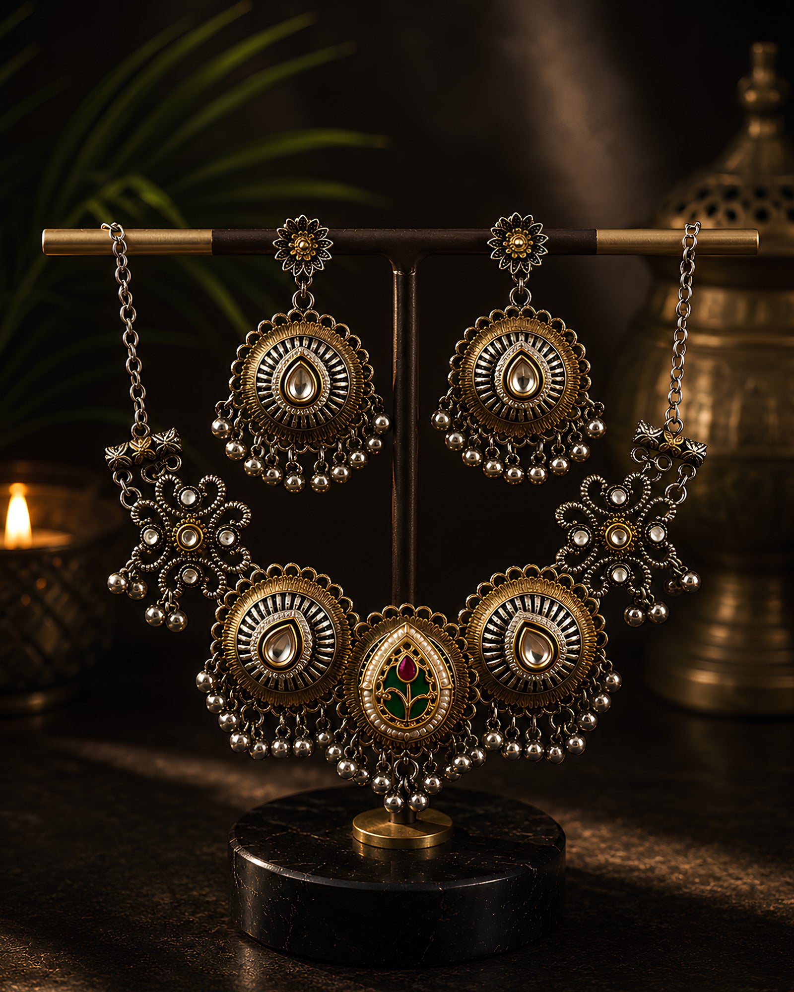 Dual-Tone Meenakari Paisley & Sunburst Ghungroo Necklace Set