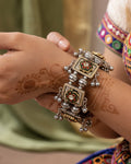 Dual-Tone Meenakari Square Motif & Ghungroo Linked Kada