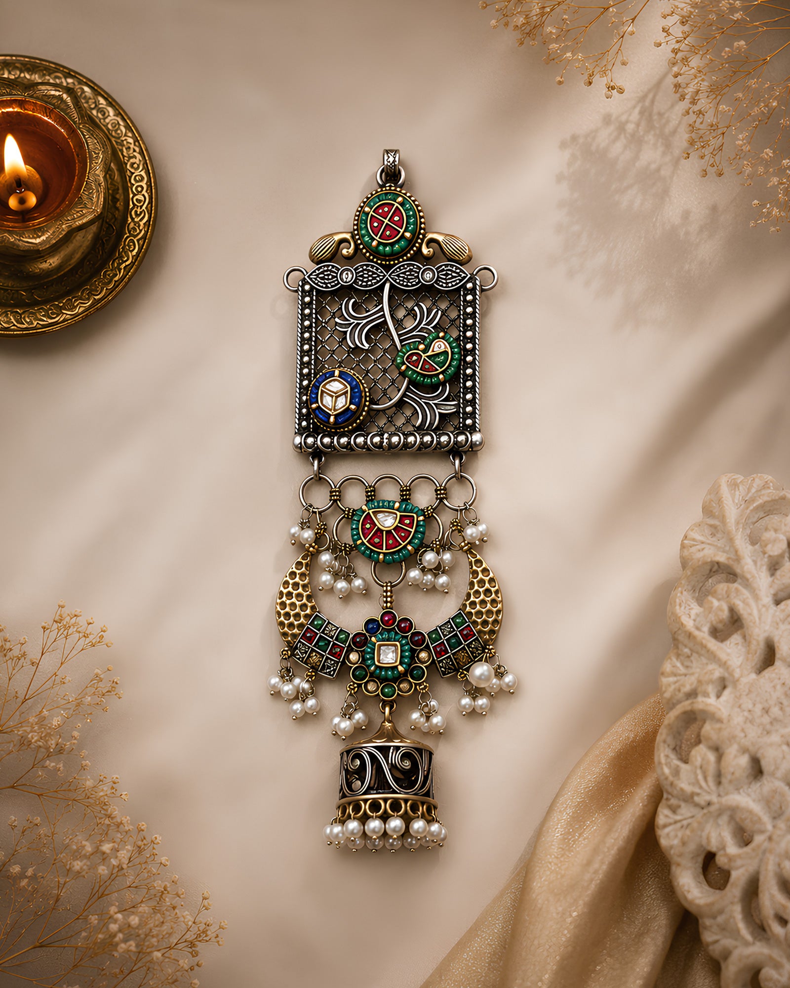 Dual-Tone Mesh Shield & Crescent Jhumka Chabi Chhalla