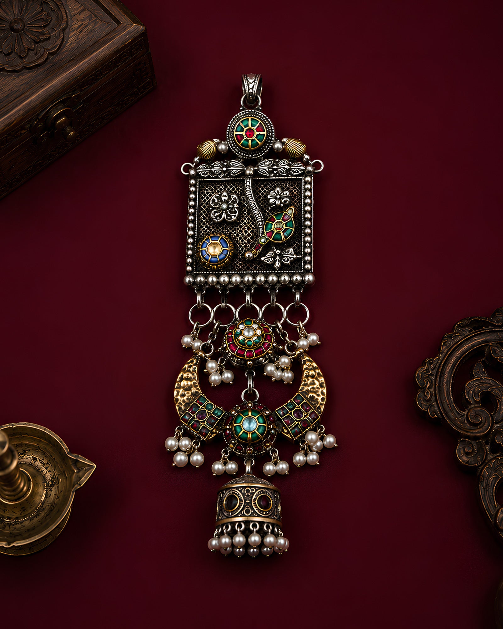 Dual-Tone Mesh Shield & Crescent Jhumka Chabi Chhalla