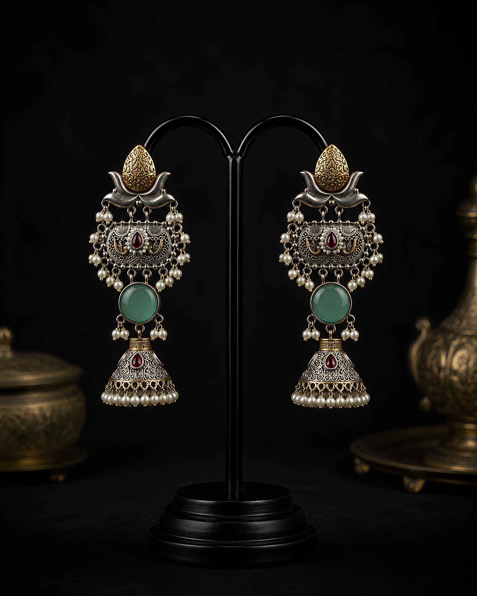 Dual-Tone Mint Stone Tiered Jhumka Earrings