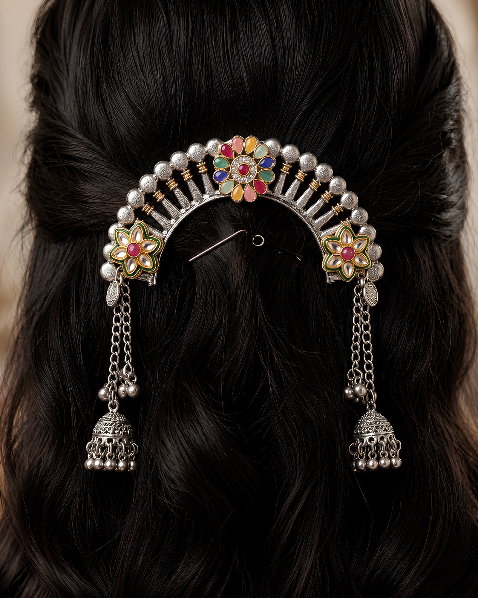 Dual-Tone Multi-Color Arch Hair Brooch with Side Jhumka Cascades