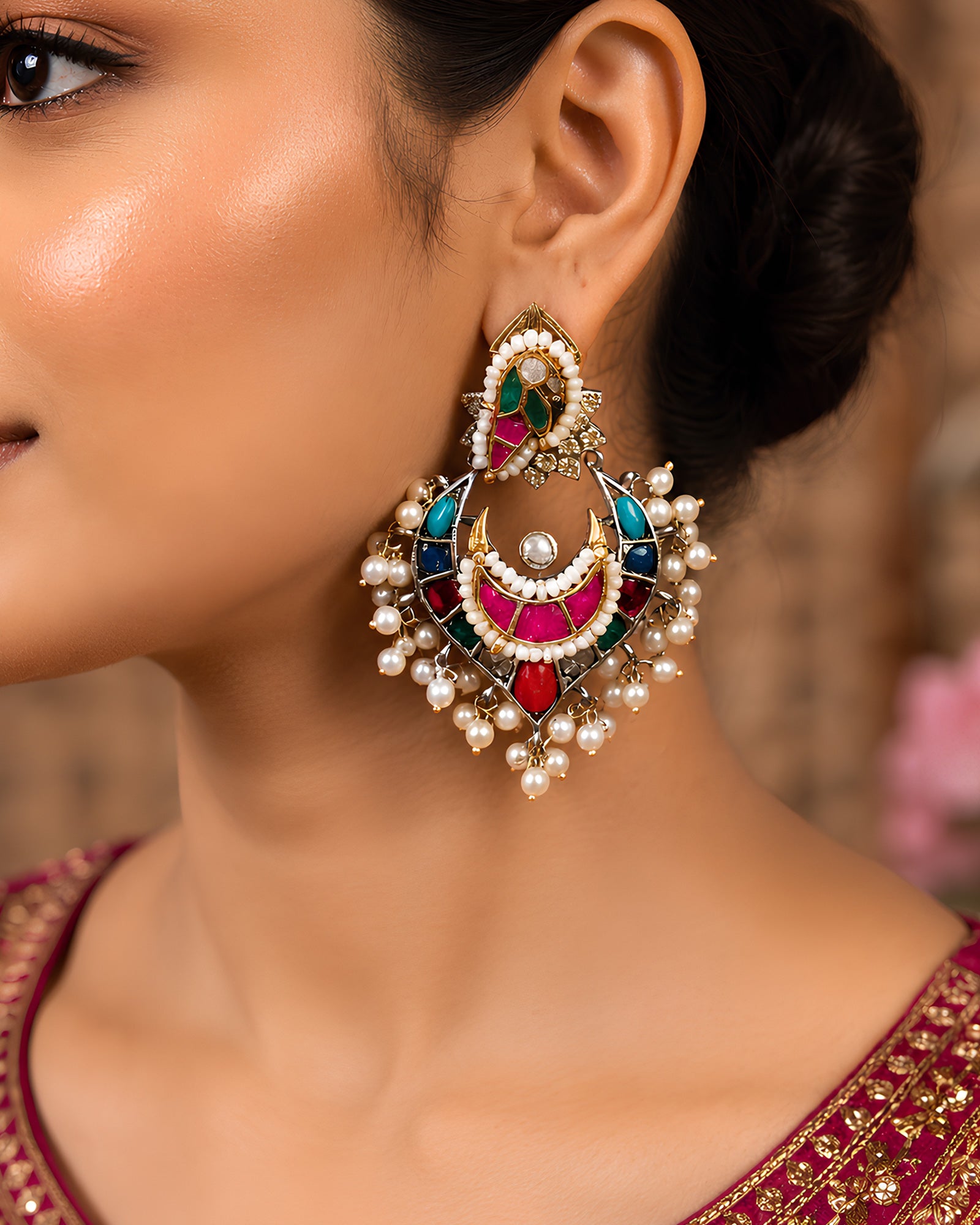 Dual-Tone Multi-Color Chandbali Shield Earrings