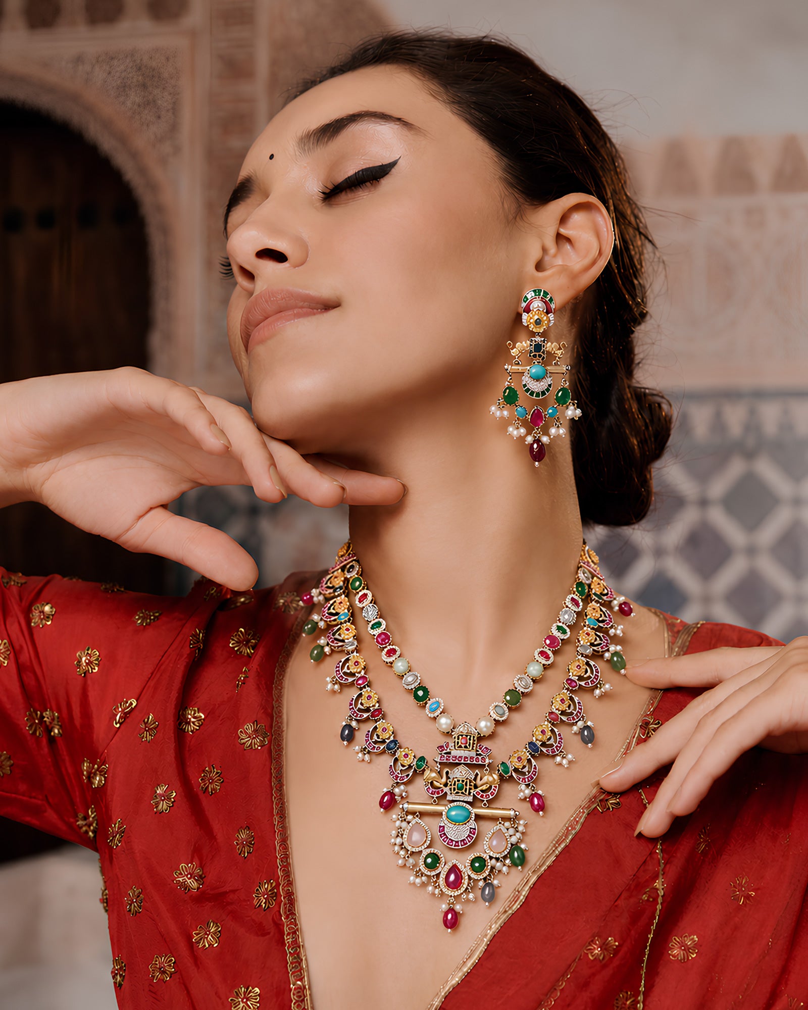 Dual-Tone Multi-Gemstone Layered Festive Haar Necklace