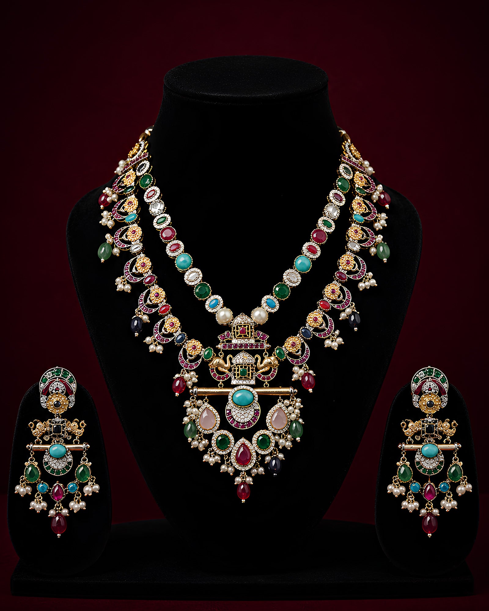 Dual-Tone Multi-Gemstone Layered Festive Haar Necklace