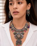 Dual-Tone Multi-Gemstone Oval Shield Statement Necklace
