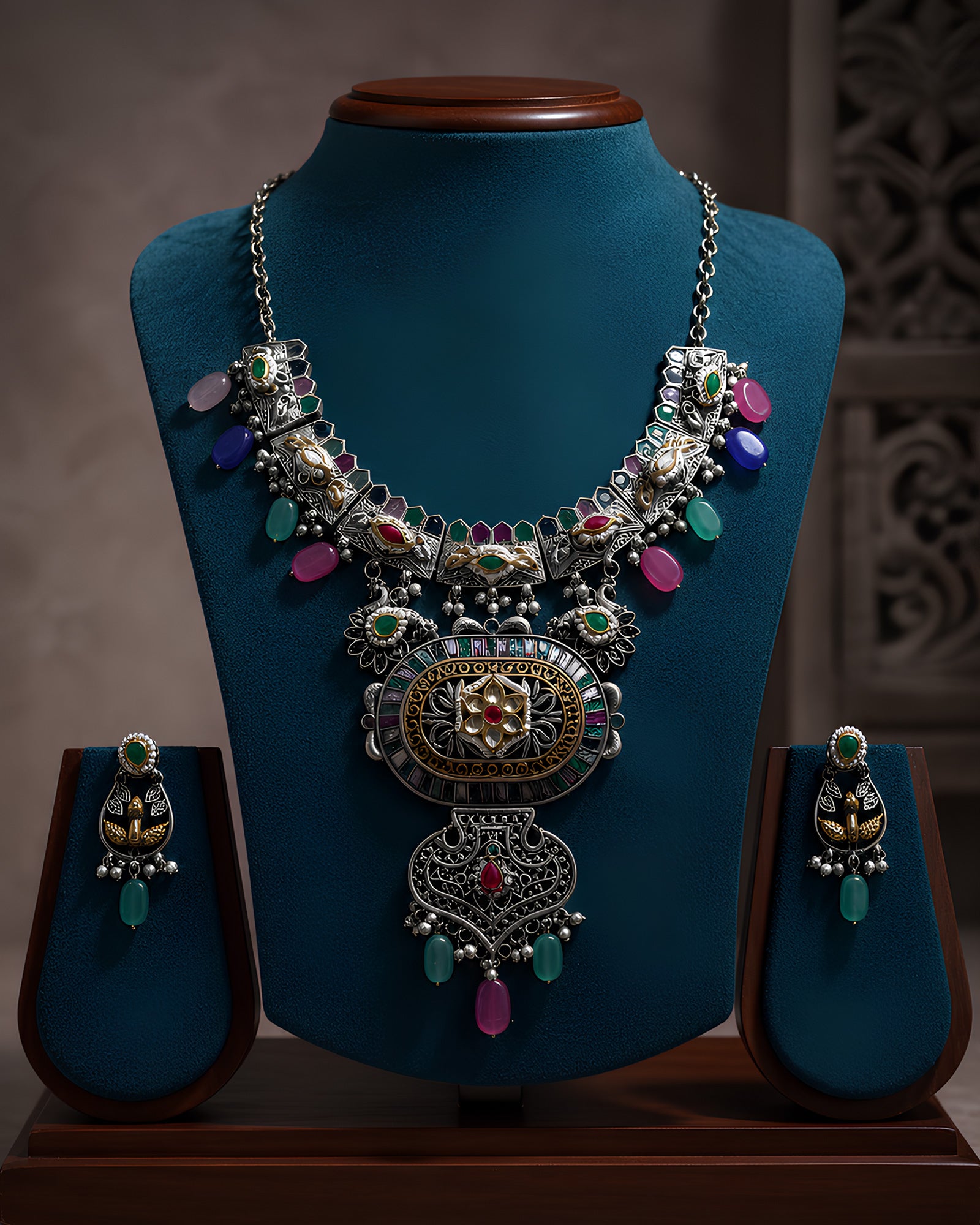 Dual-Tone Multi-Gemstone Oval Shield Statement Necklace
