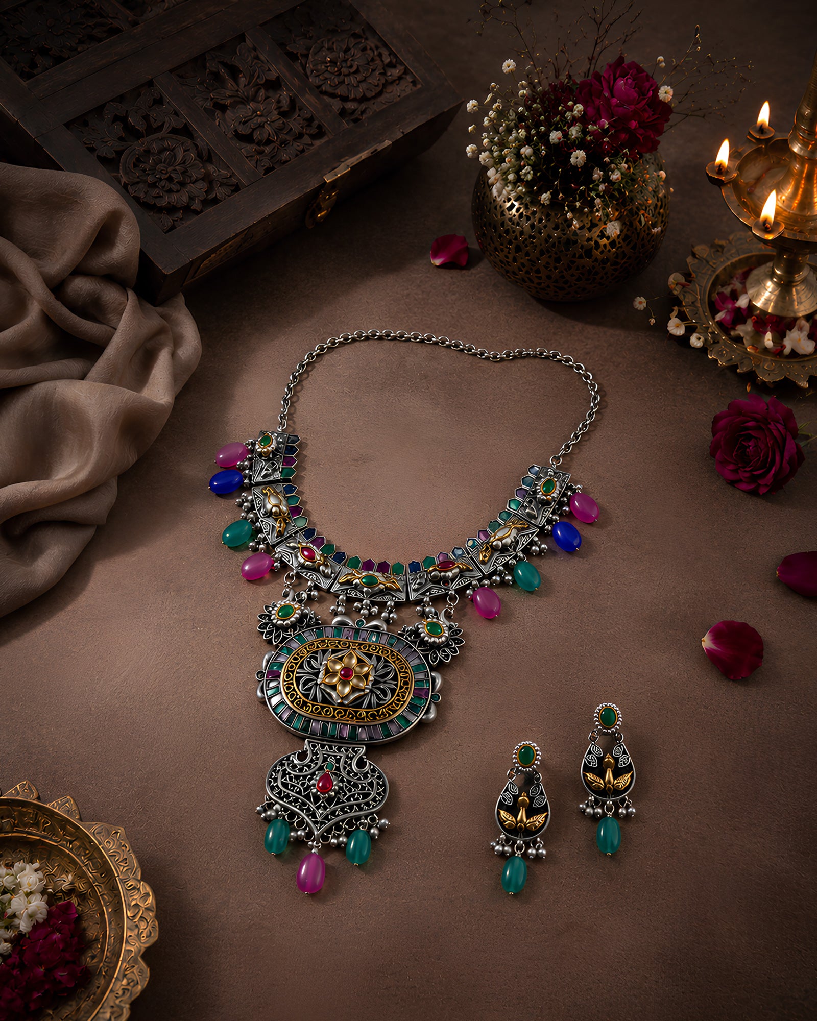Dual-Tone Multi-Gemstone Oval Shield Statement Necklace
