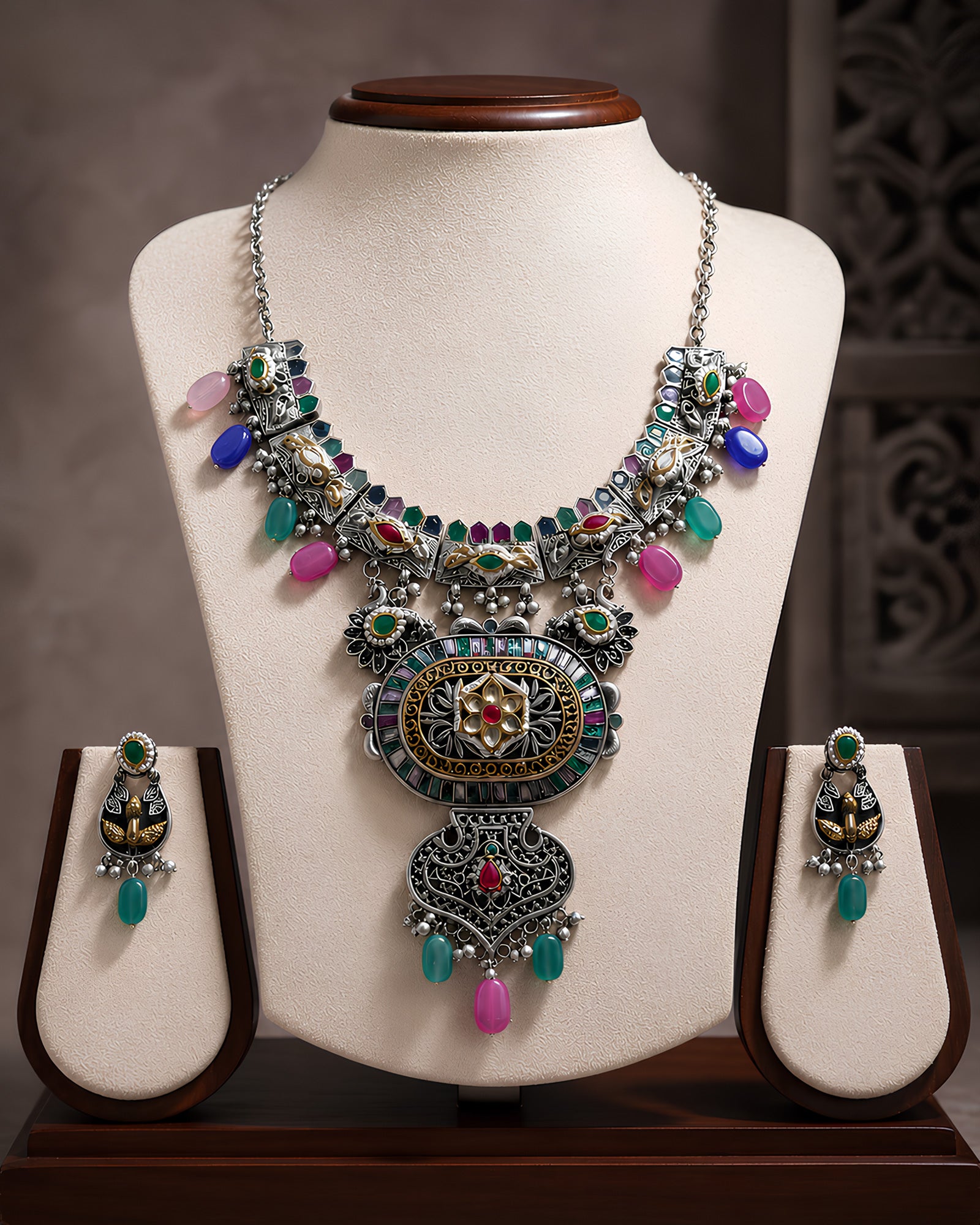 Dual-Tone Multi-Gemstone Oval Shield Statement Necklace