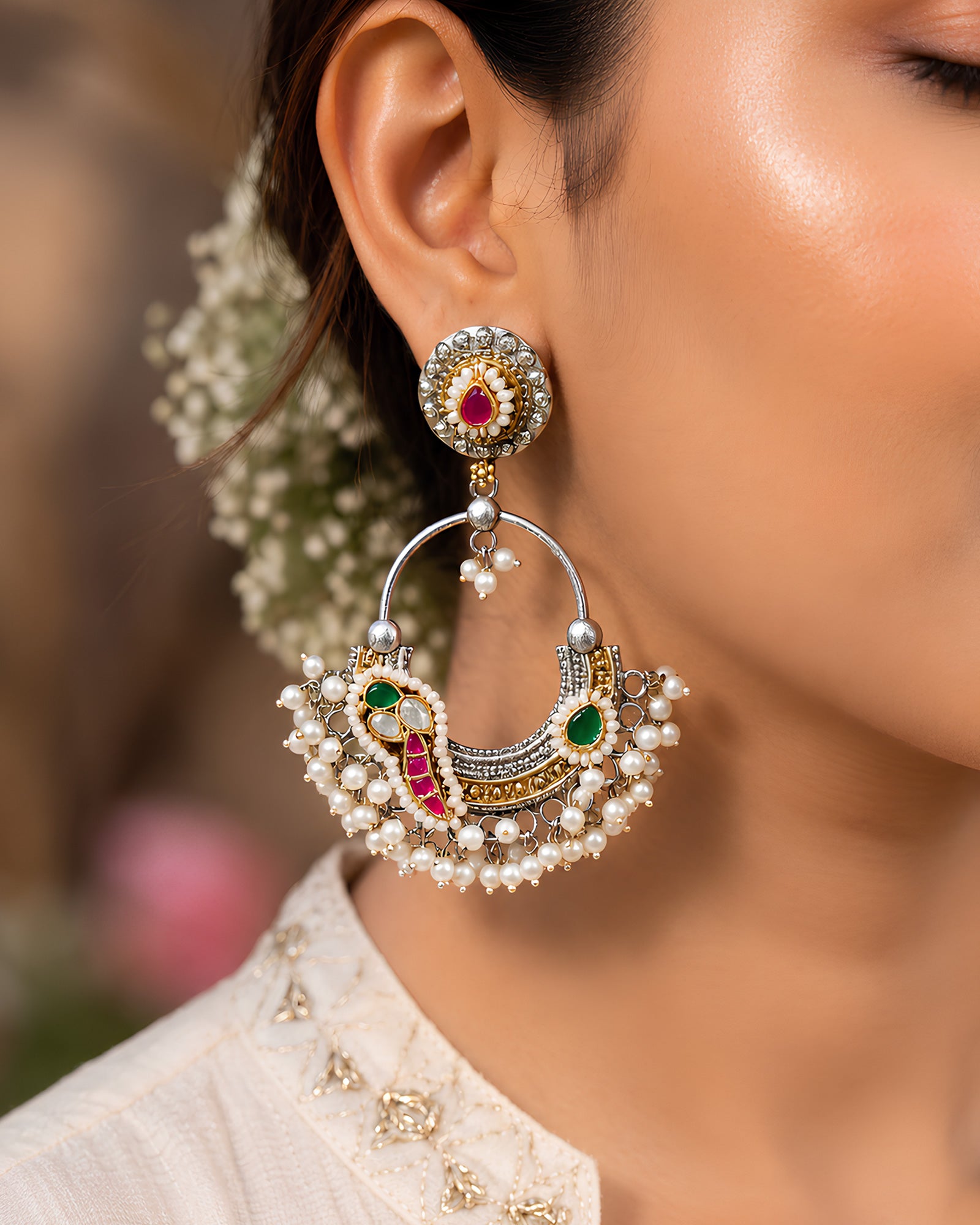 Dual-Tone Multi-Stone Crescent Chandbali Earrings