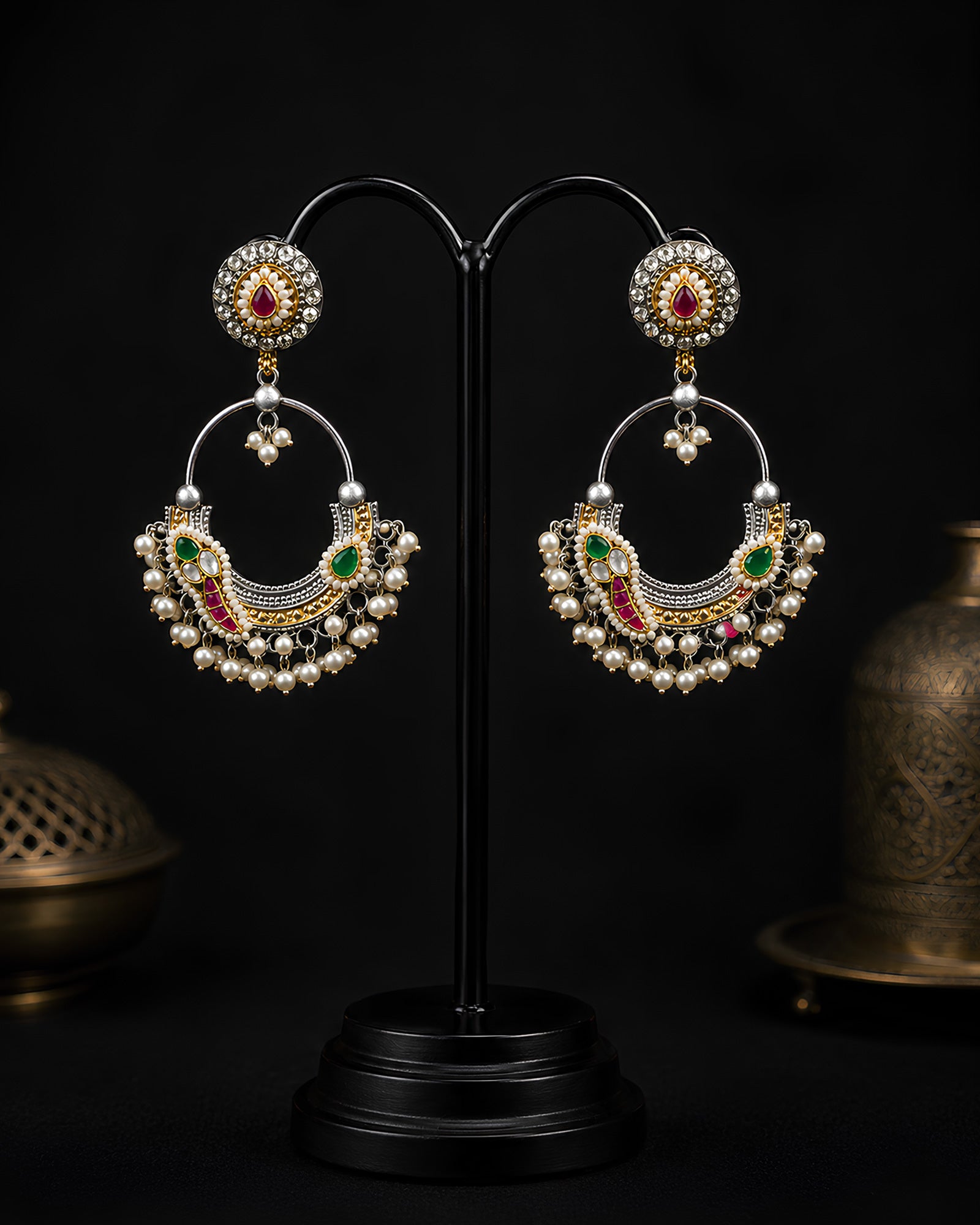 Dual-Tone Multi-Stone Crescent Chandbali Earrings