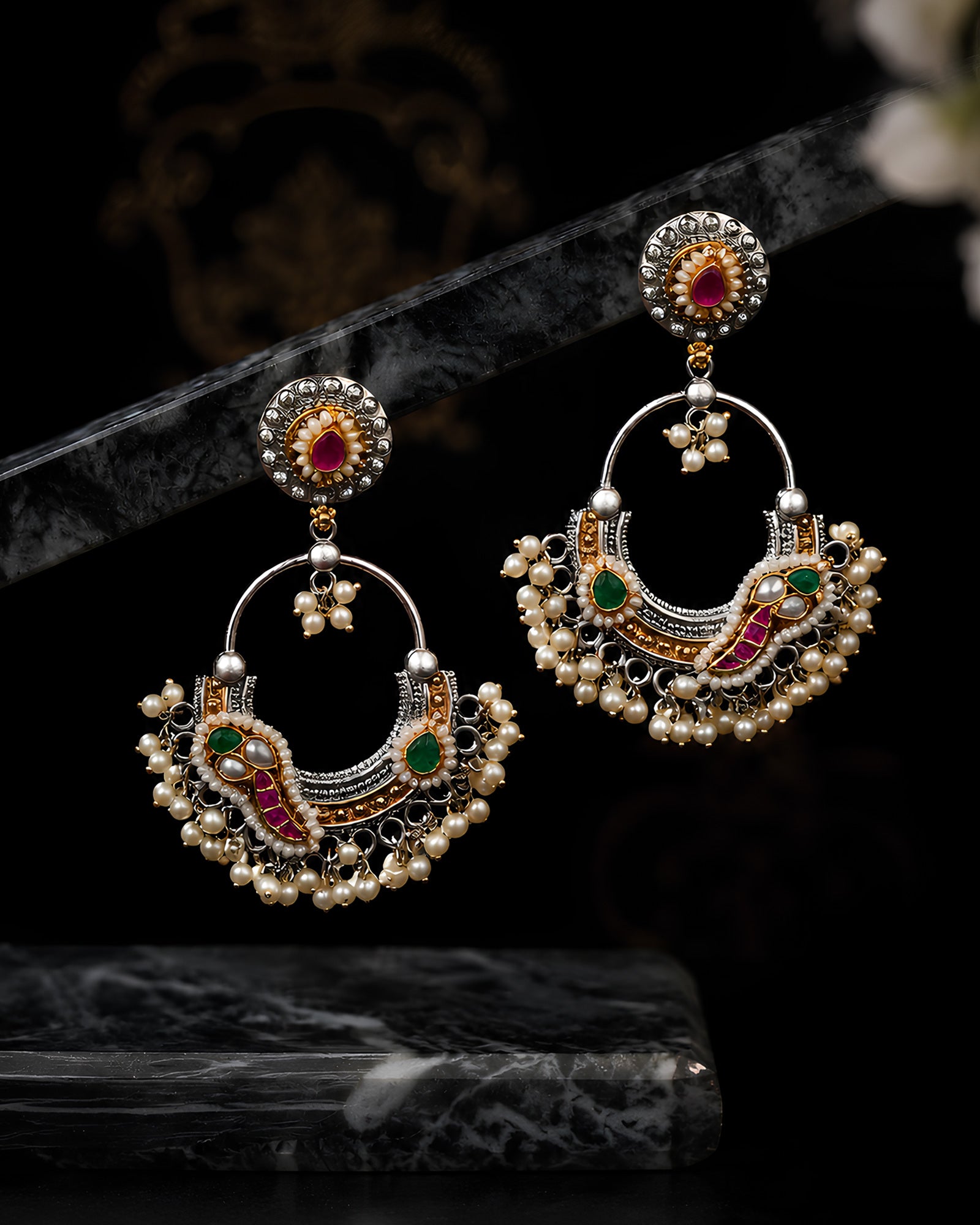 Dual-Tone Multi-Stone Crescent Chandbali Earrings
