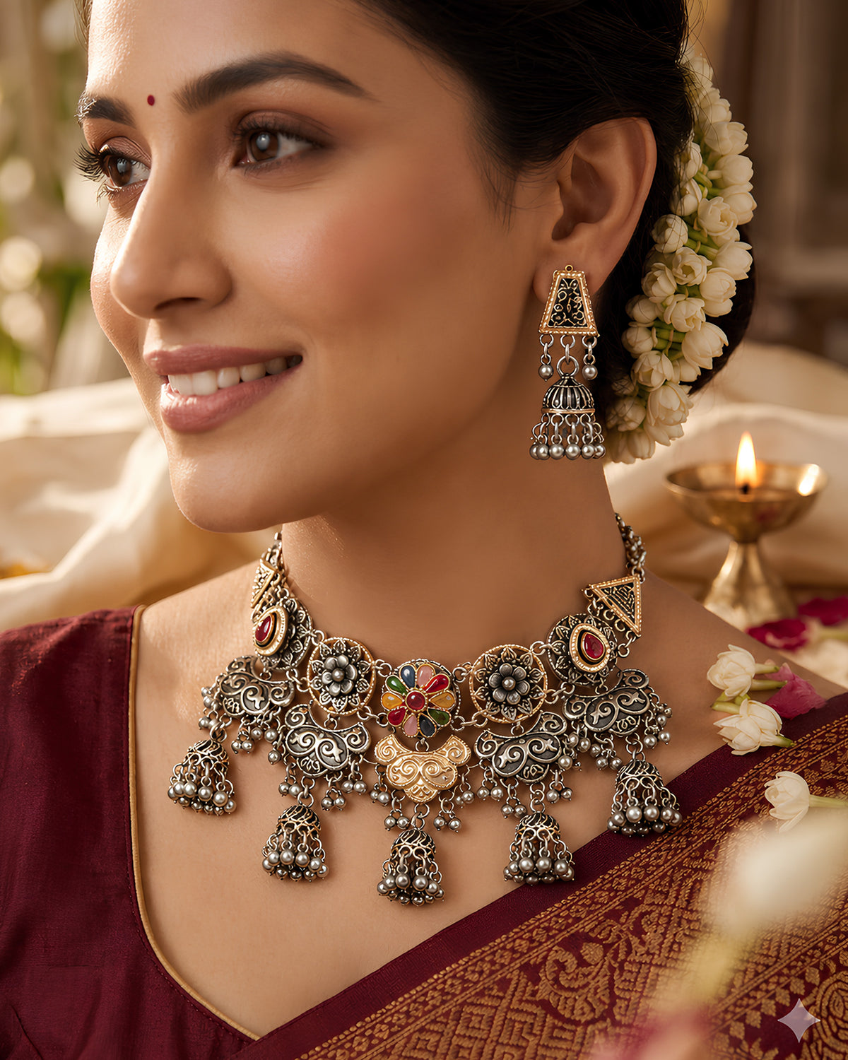 Dual-Tone Multi-Stone Jhumka Choker Necklace Set
