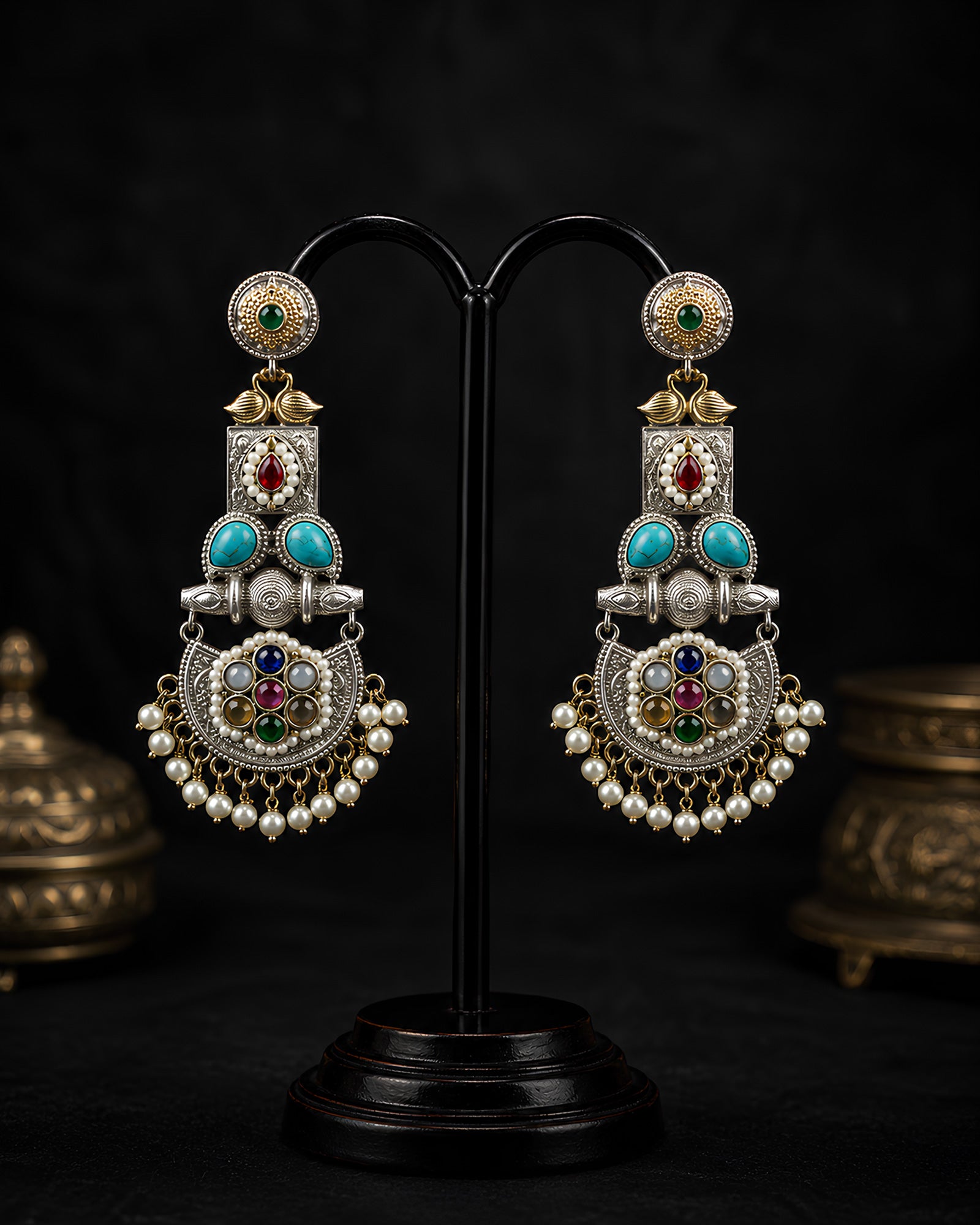 Dual-Tone Multi-Stone Royal Chandelier Earrings