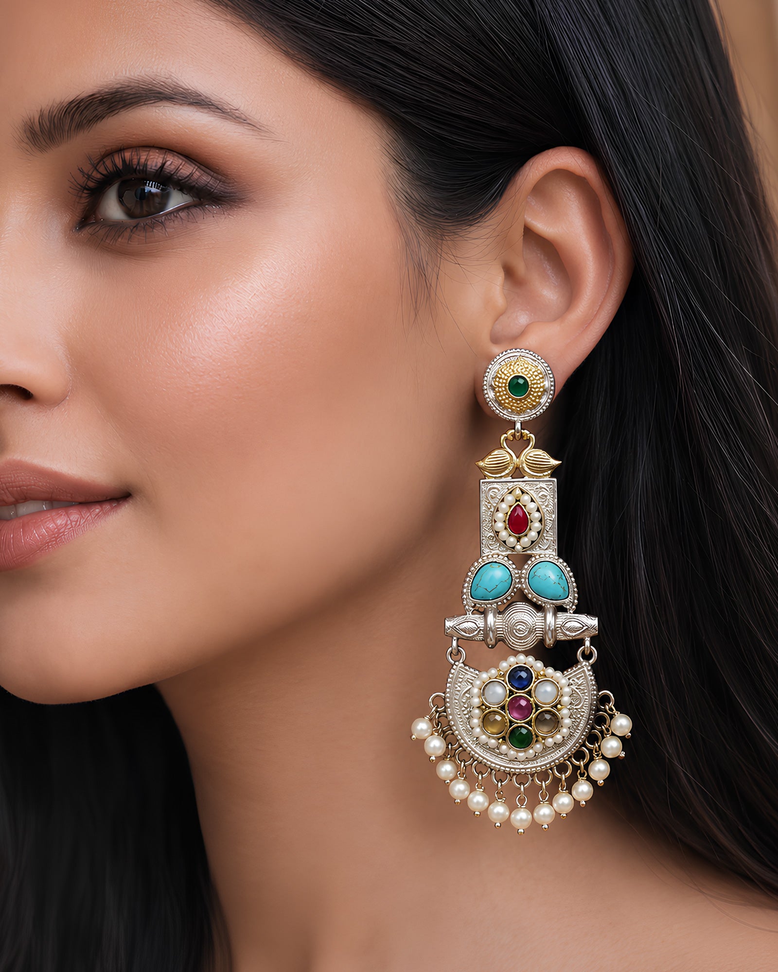 Dual-Tone Multi-Stone Royal Chandelier Earrings