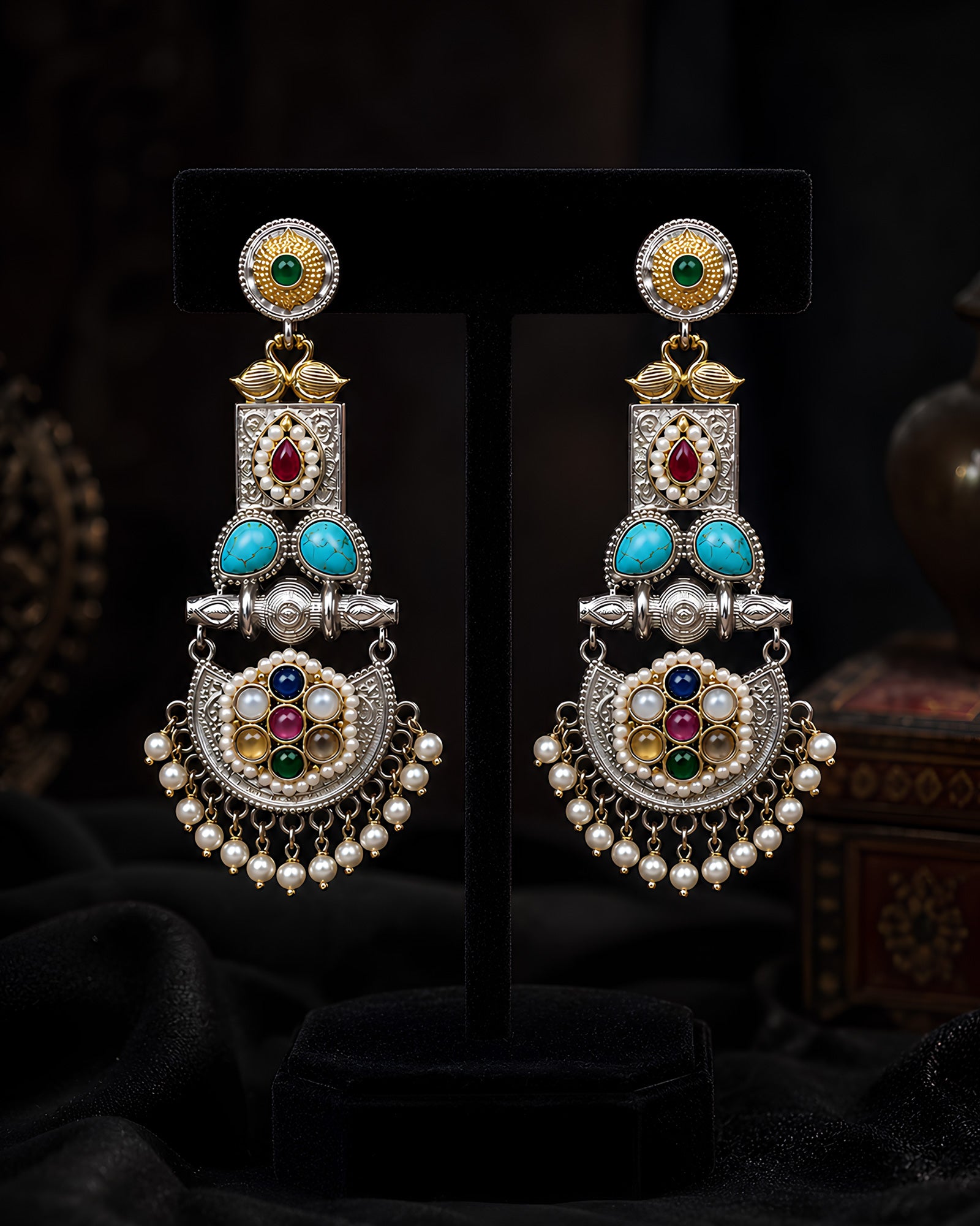 Dual-Tone Multi-Stone Royal Chandelier Earrings