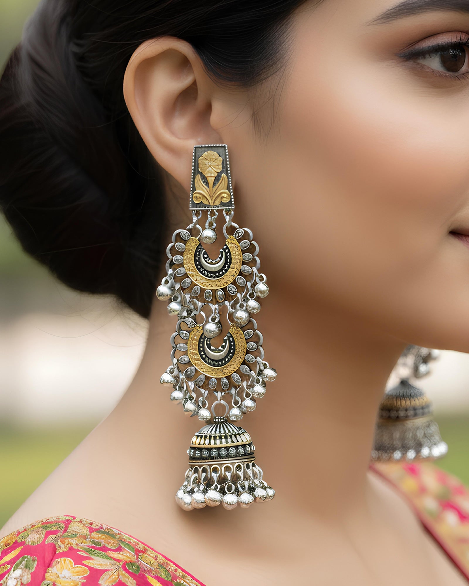 Dual-Tone Multi-Tier Crescent Oxidized Jhumkas