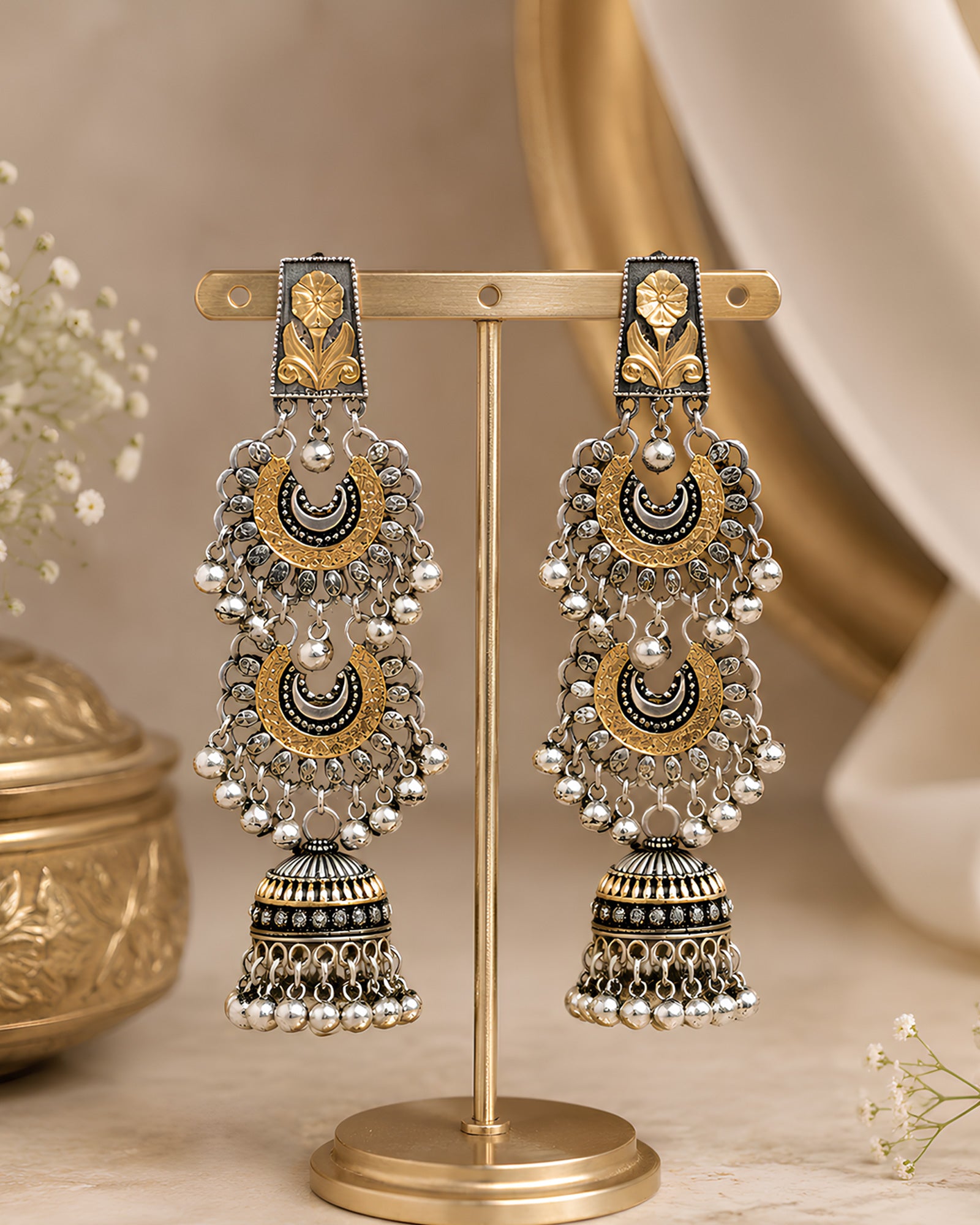 Dual-Tone Multi-Tier Crescent Oxidized Jhumkas