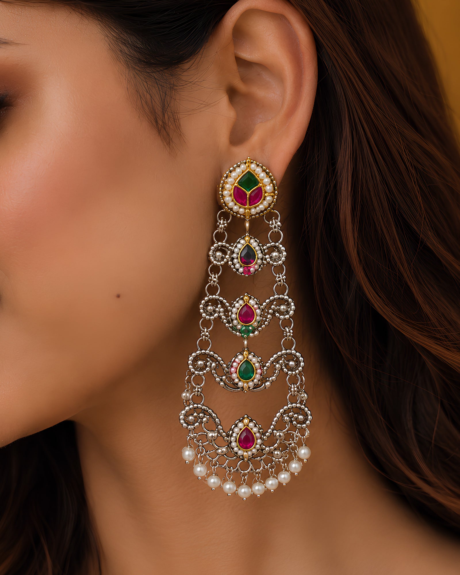 Dual-Tone Multi-Tier Gemstone & Pearl Drop Earrings