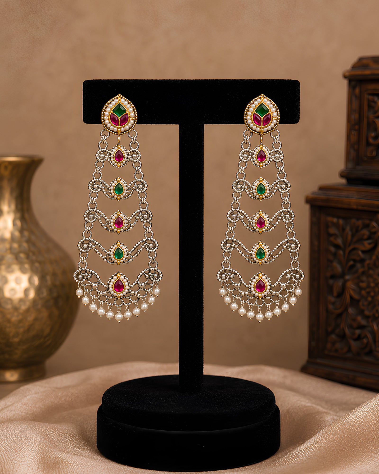 Dual-Tone Multi-Tier Gemstone & Pearl Drop Earrings