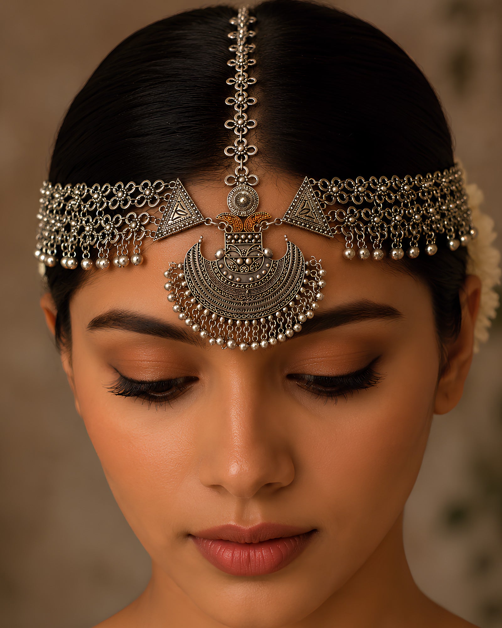 Dual-Tone Ornate Crescent & Triangular Shield Oxidized Matha Patti