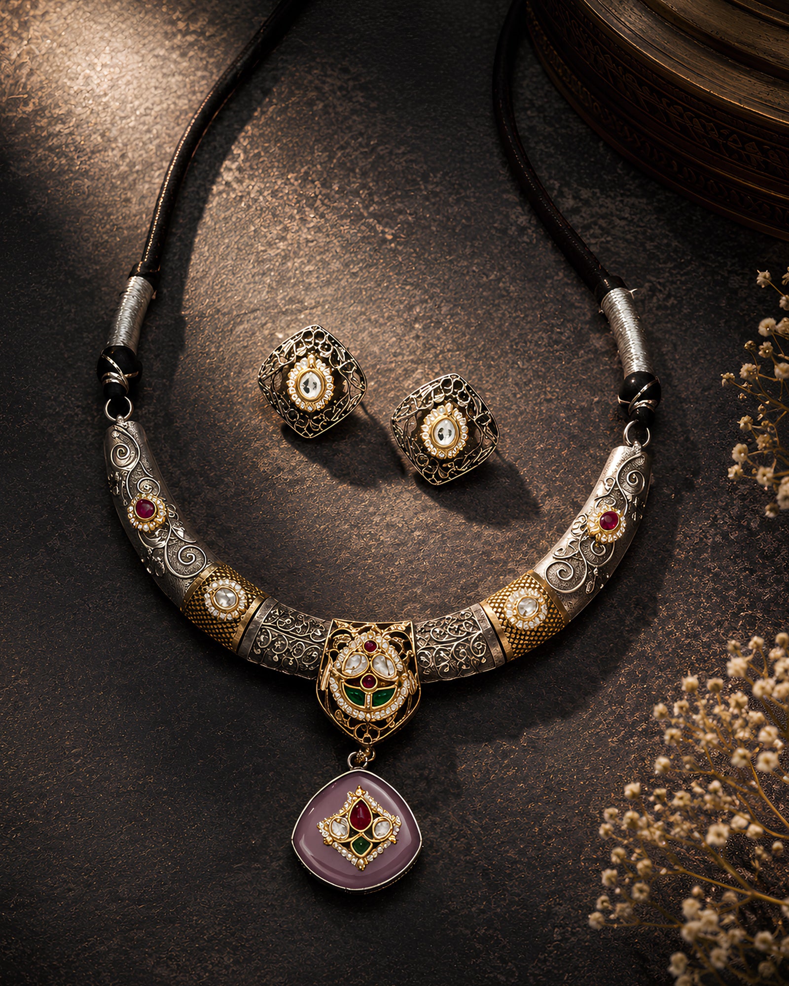 Dual-Tone Ornate Hasli Necklace with Lavender Quartz Pendant