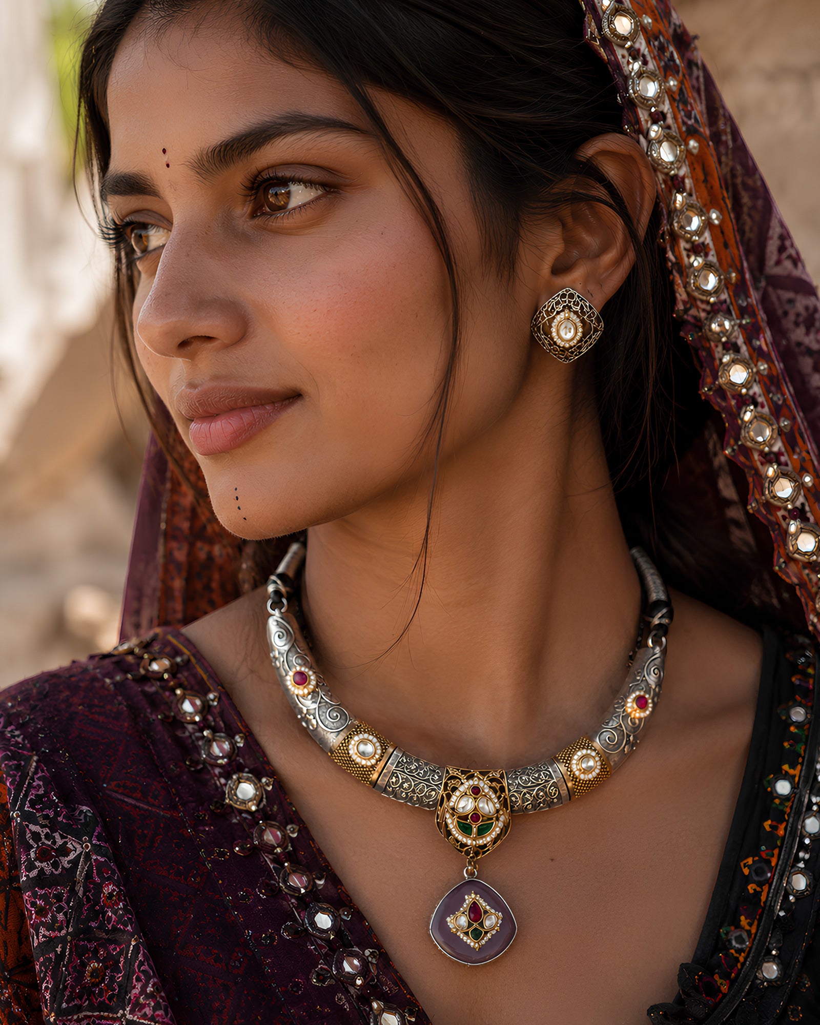 Dual-Tone Ornate Hasli Necklace with Lavender Quartz Pendant