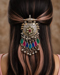 Dual-Tone Ornate Shield Hair Brooch with Meenakari Flower & Vibrant Teardrop Drops