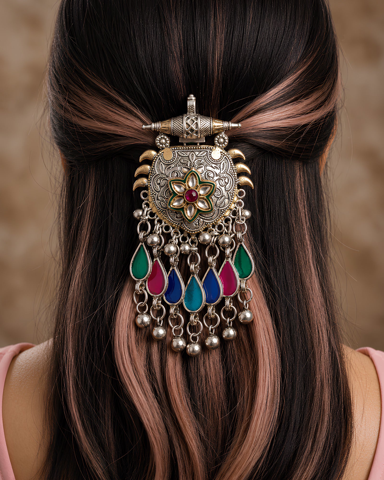 Dual-Tone Ornate Shield Hair Brooch with Meenakari Flower & Vibrant Teardrop Drops