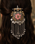 Dual-Tone Ornate Shield Hair Brooch with Pink Enameled Flower & Coin Chains