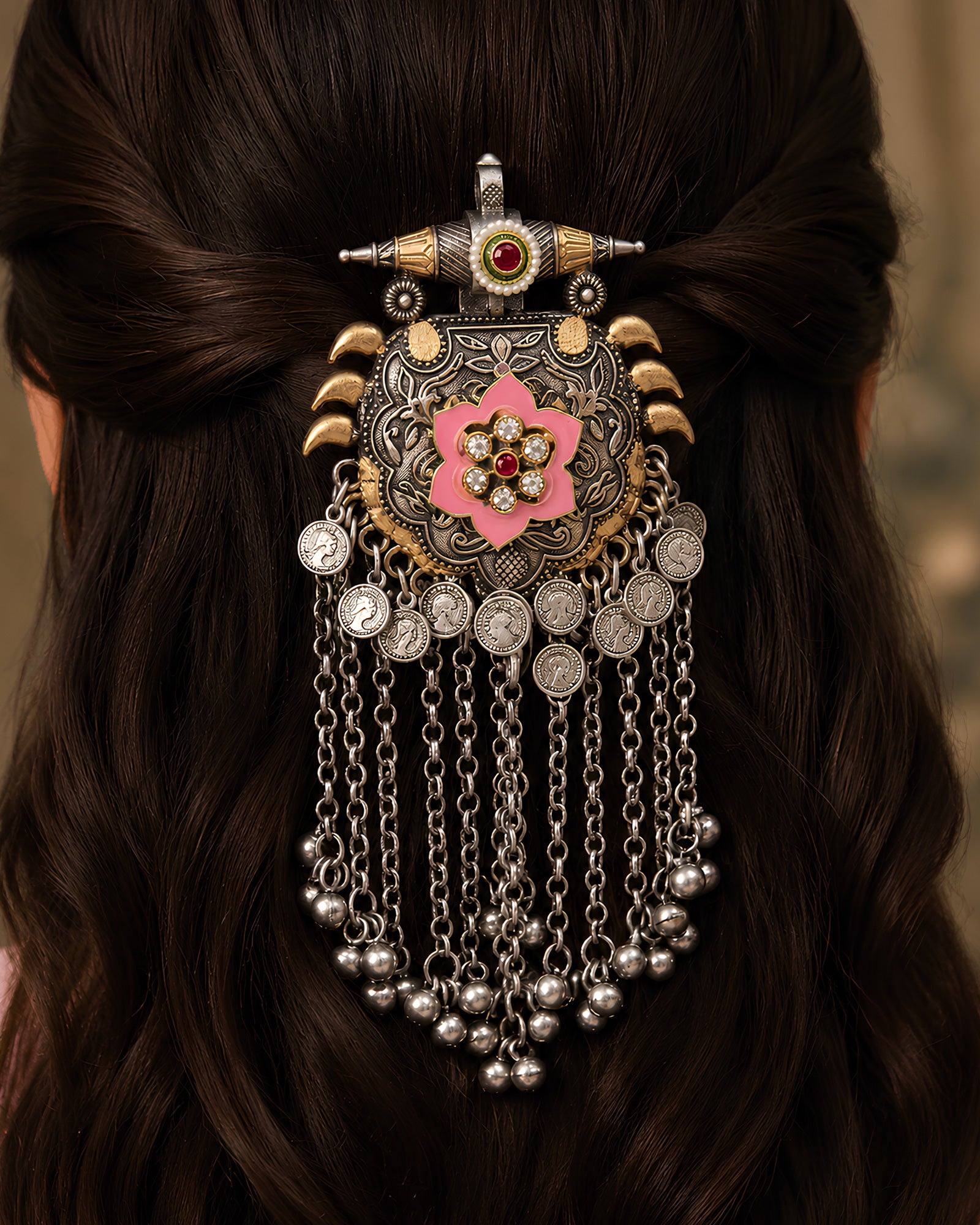 Dual-Tone Ornate Shield Hair Brooch with Pink Enameled Flower & Coin Chains
