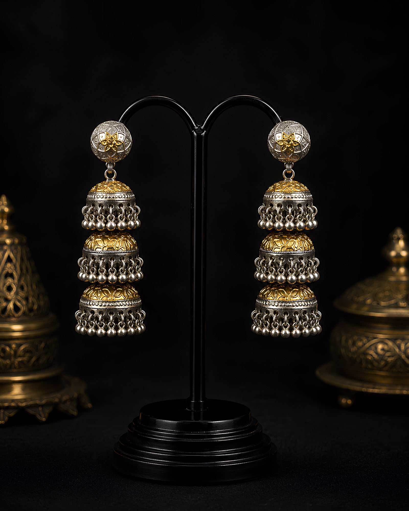 Dual-Tone Ornate Three-Tiered Step Jhumka Earrings