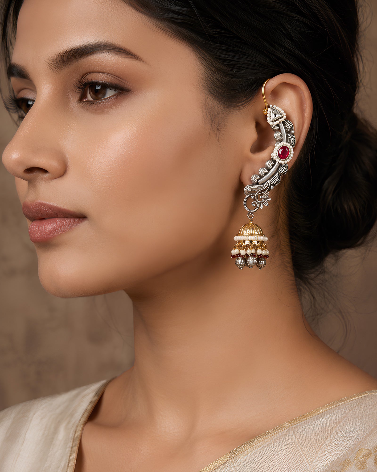 Dual-Tone Ornate Vine Ear Cuff Jhumkas
