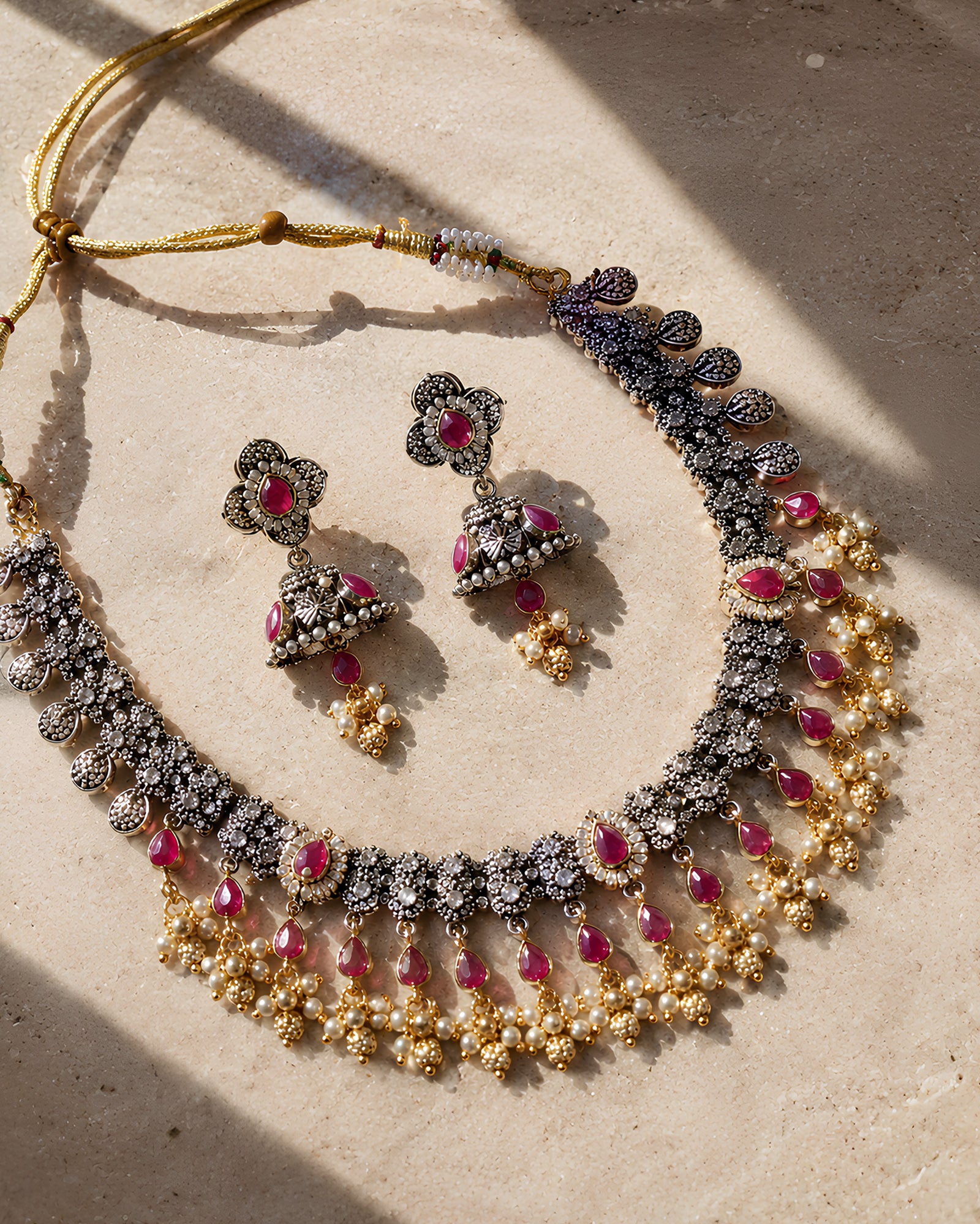 Dual-Tone Oxidized Floral Collar & Ruby Drop Necklace