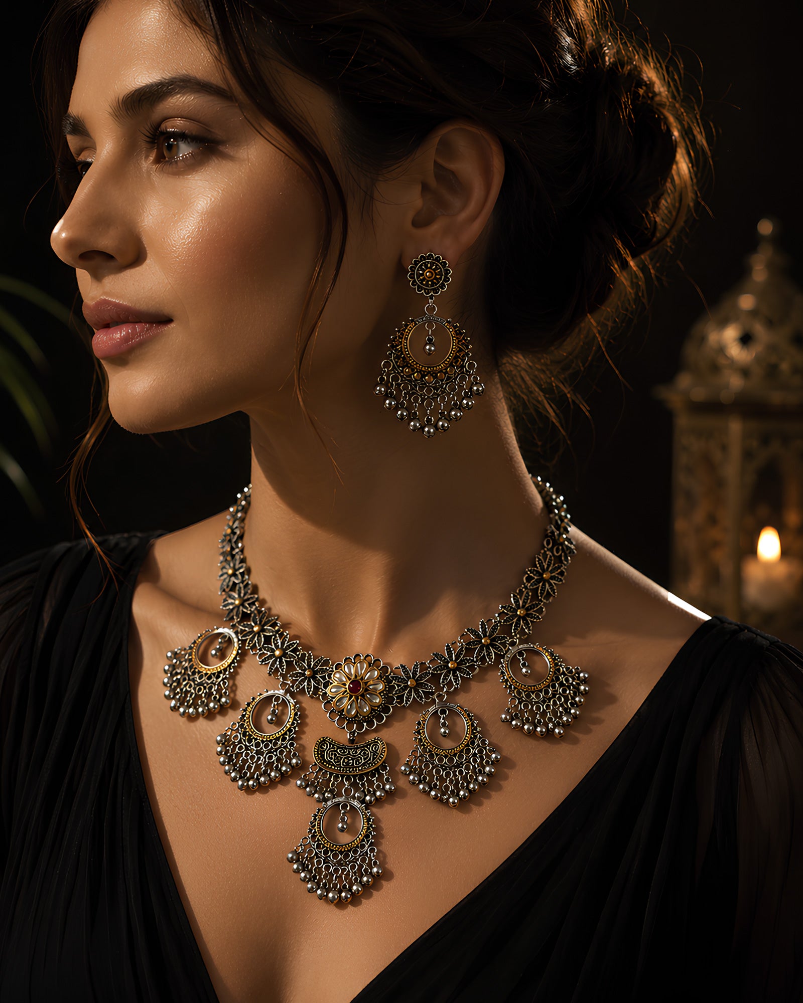 Dual-Tone Oxidized Floral Collar & Tiered Crescent Ghungroo Necklace Set