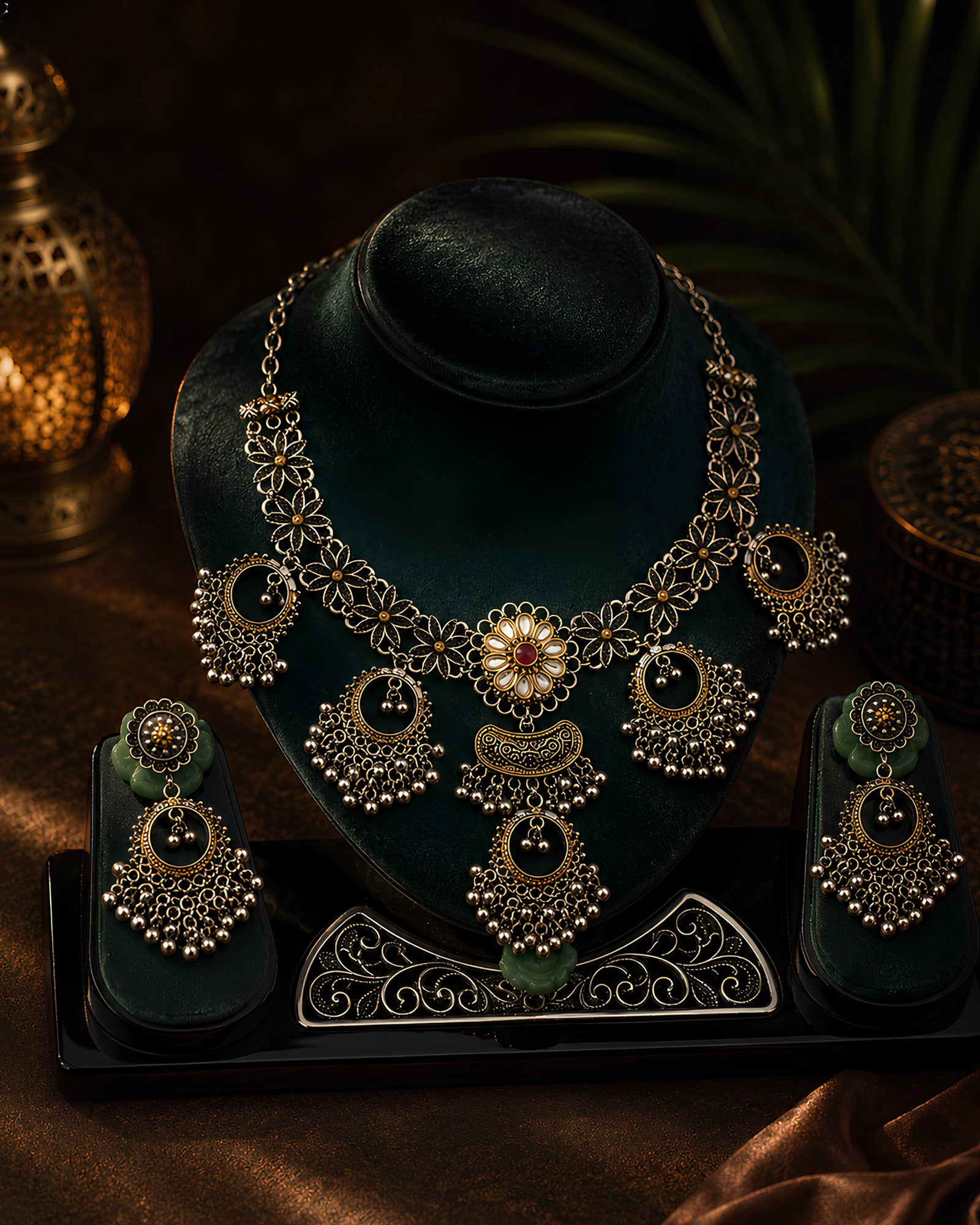 Dual-Tone Oxidized Floral Collar & Tiered Crescent Ghungroo Necklace Set