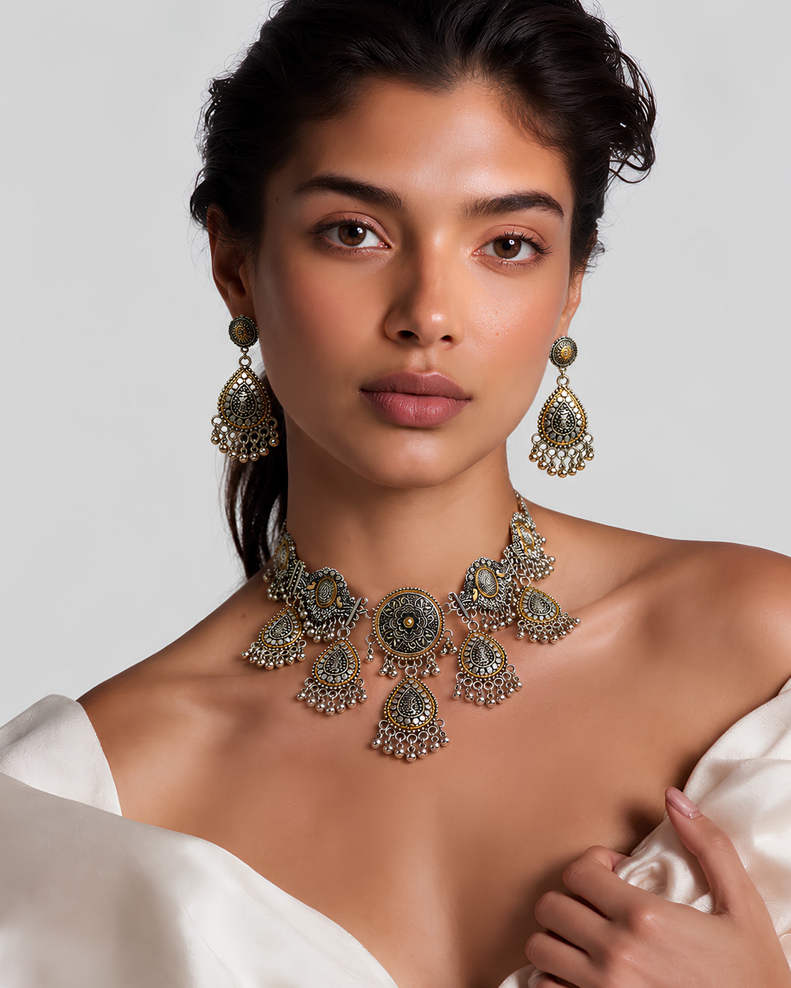 Dual-Tone Oxidized Floral Medallion & Paisley Ghungroo-Fringe Necklace Set