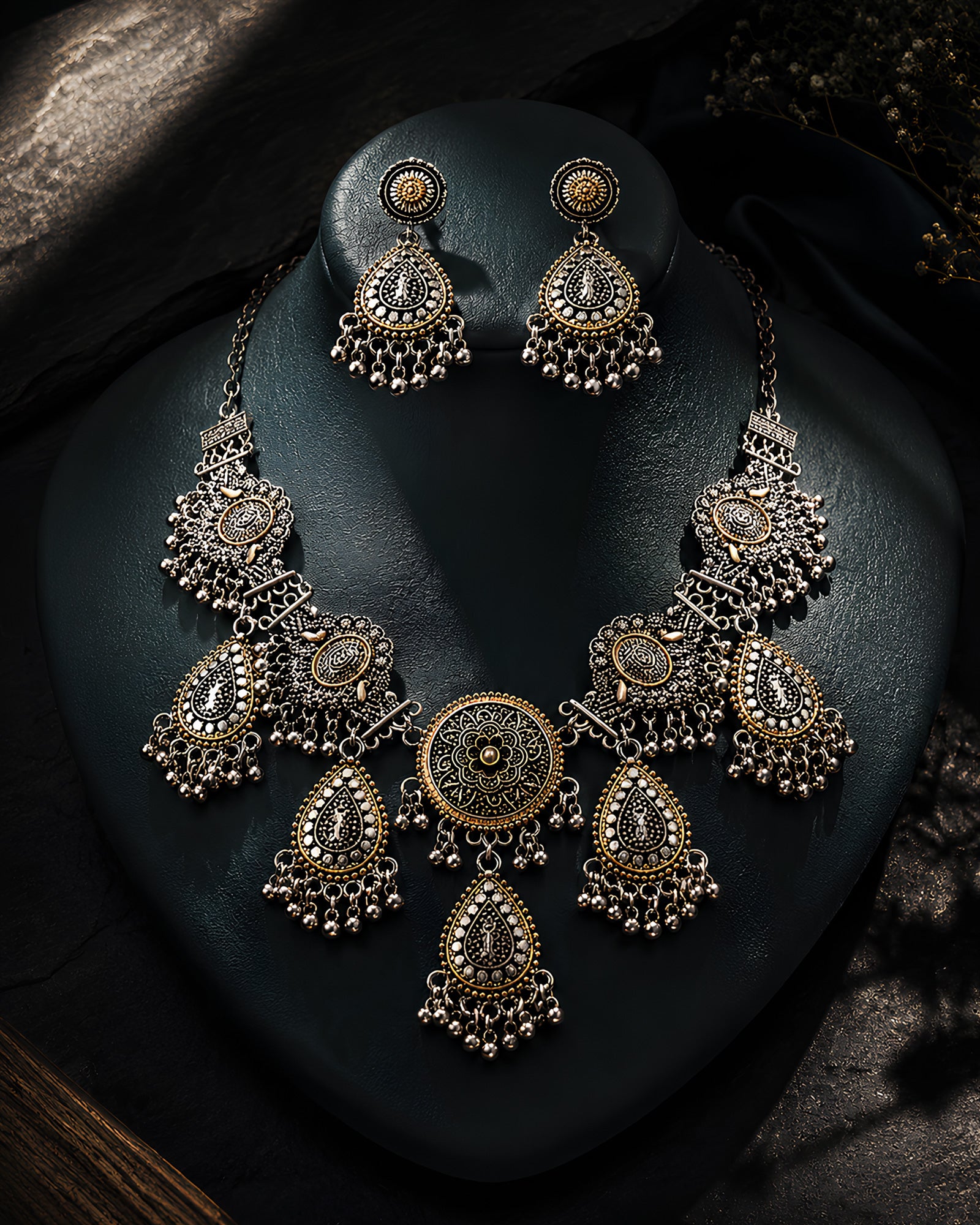Dual-Tone Oxidized Floral Medallion & Paisley Ghungroo-Fringe Necklace Set