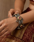 Dual-Tone Oxidized Kundan Medallion & Cluster Ghungroo Link Kada
