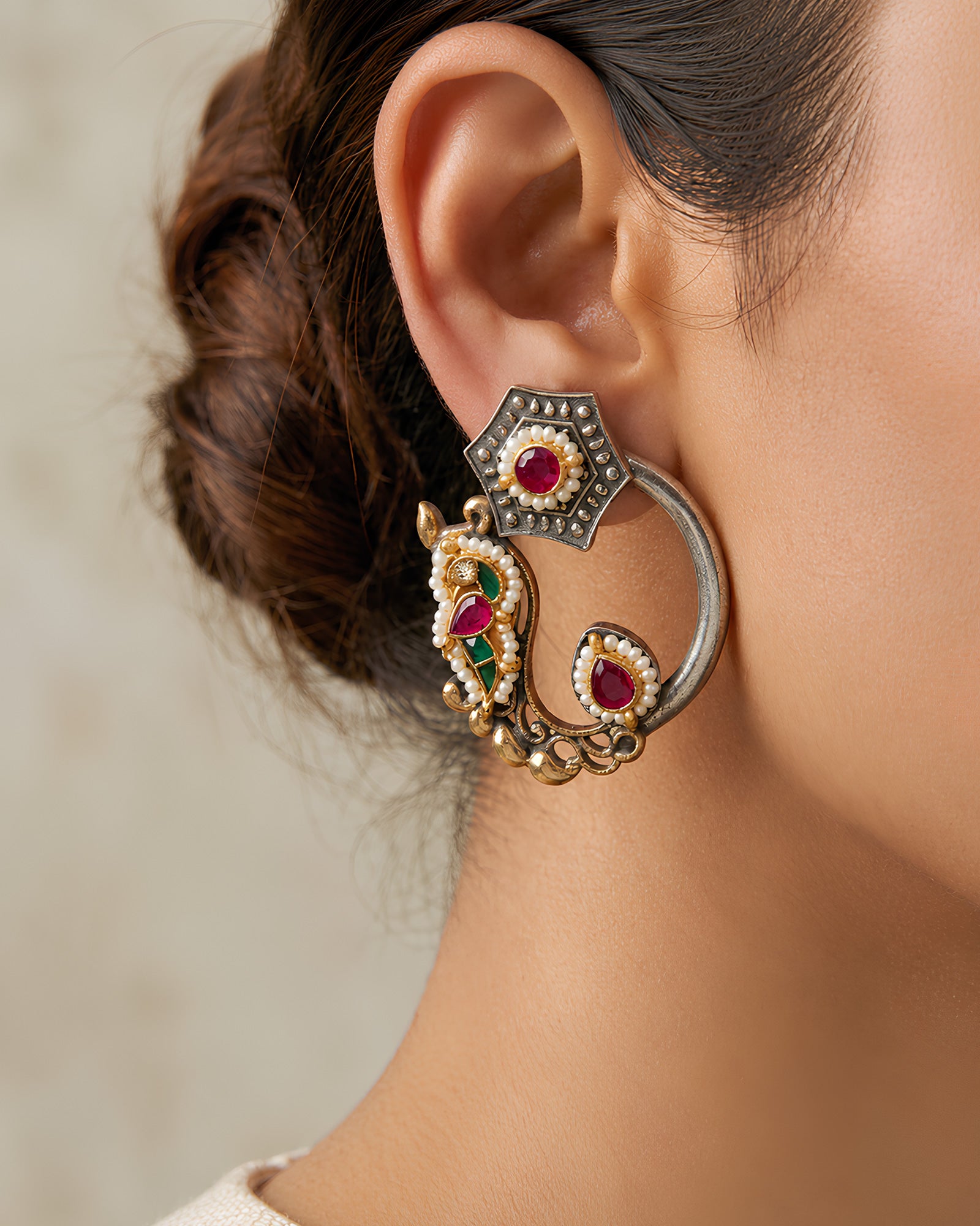 Dual-Tone Paisley Motif Statement Earrings