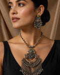 Dual-Tone Peacock Crest Arch & Tiered Ghungroo-Fringe Oxidized Necklace Set
