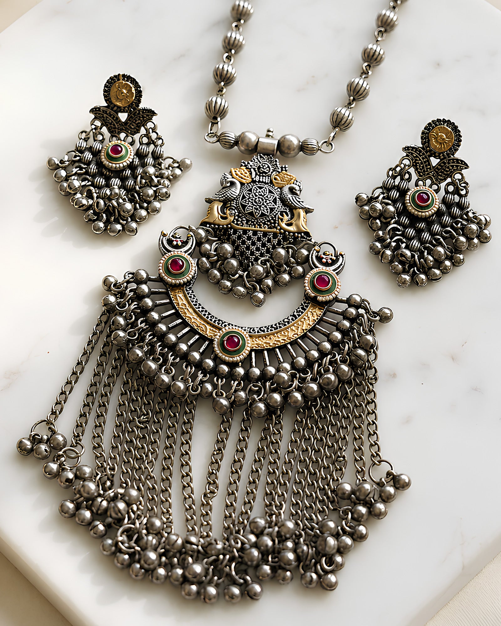 Dual-Tone Peacock Crest Arch & Tiered Ghungroo-Fringe Oxidized Necklace Set