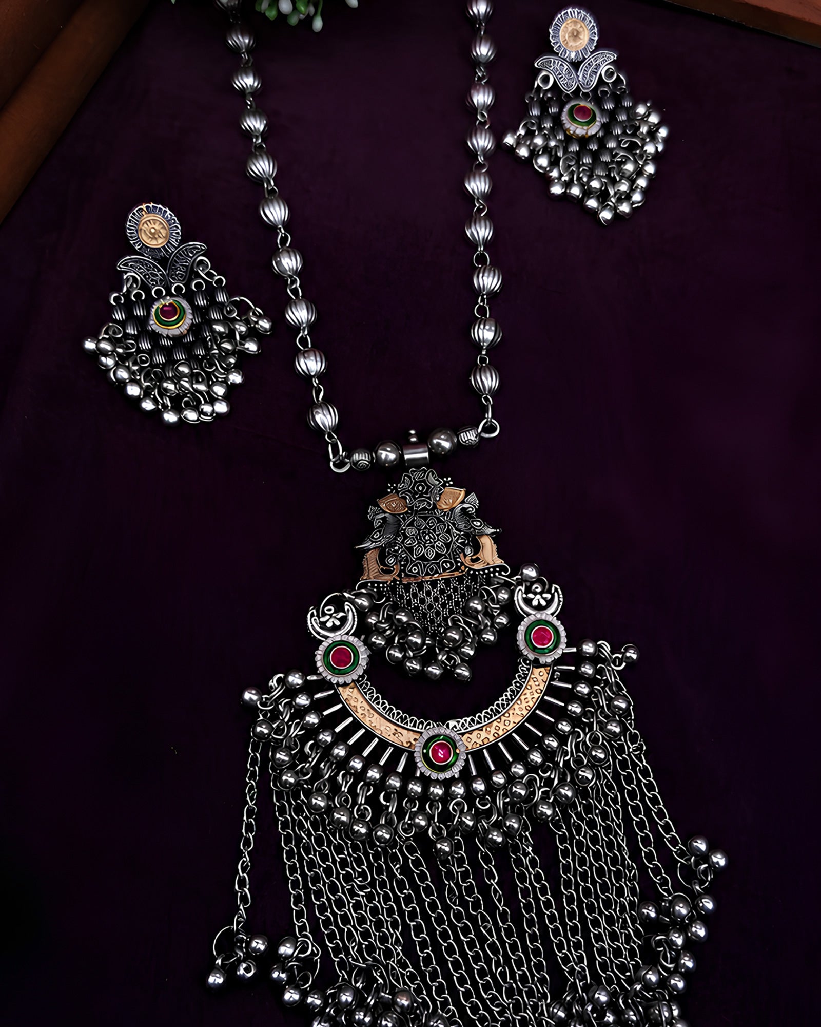 Dual-Tone Peacock Crest Arch & Tiered Ghungroo-Fringe Oxidized Necklace Set