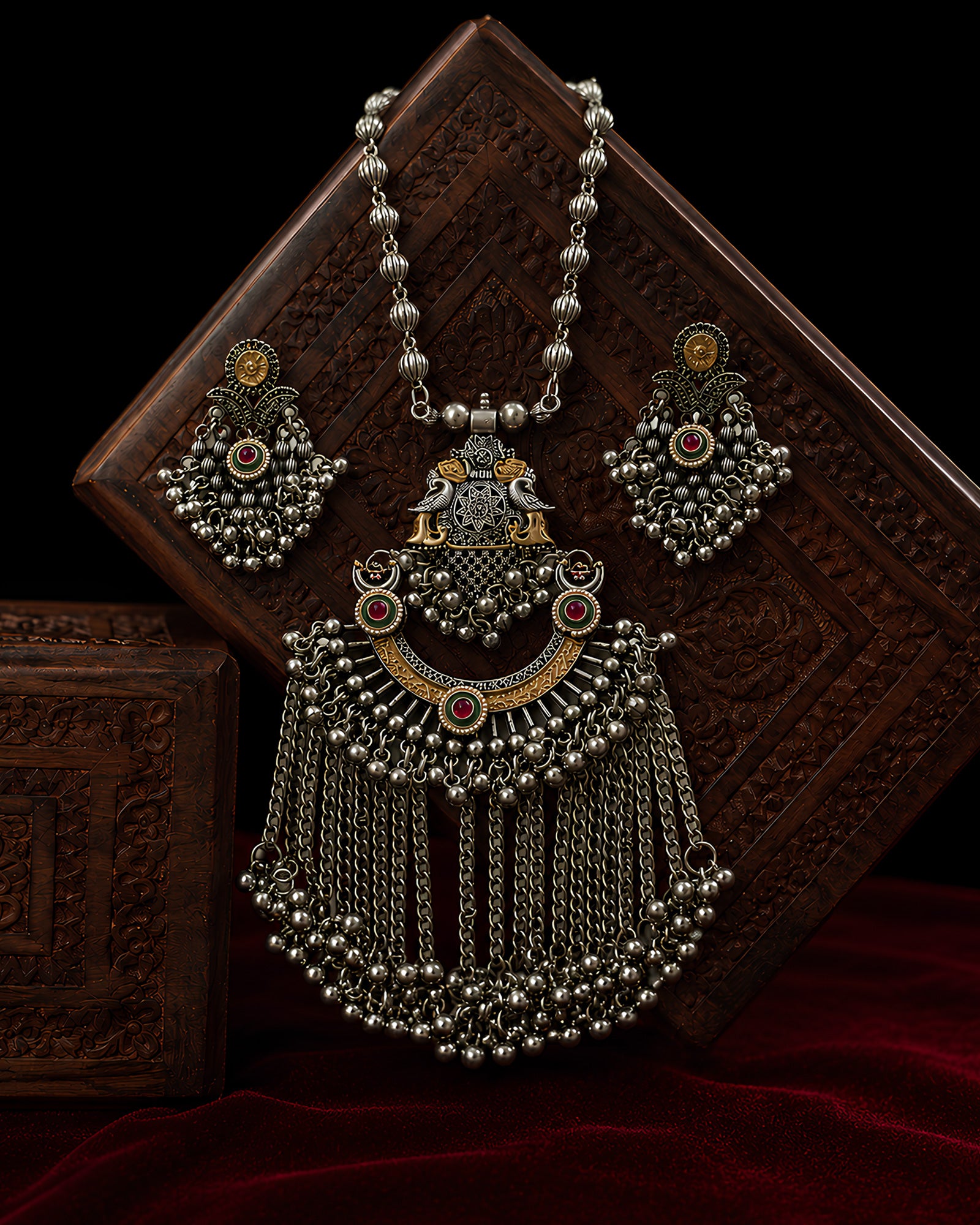 Dual-Tone Peacock Crest Arch & Tiered Ghungroo-Fringe Oxidized Necklace Set