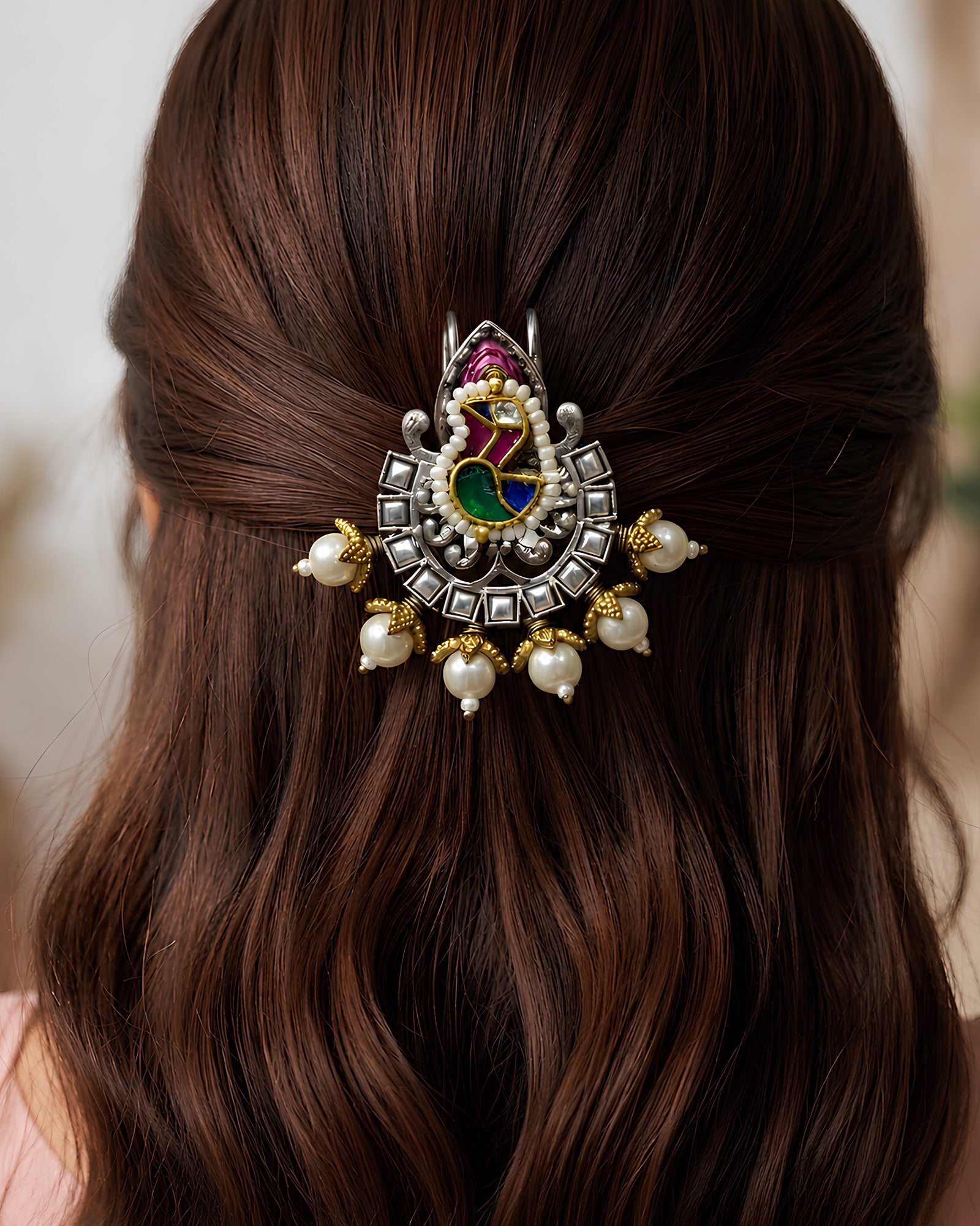 Dual-Tone Peacock Enamel Hair Brooch