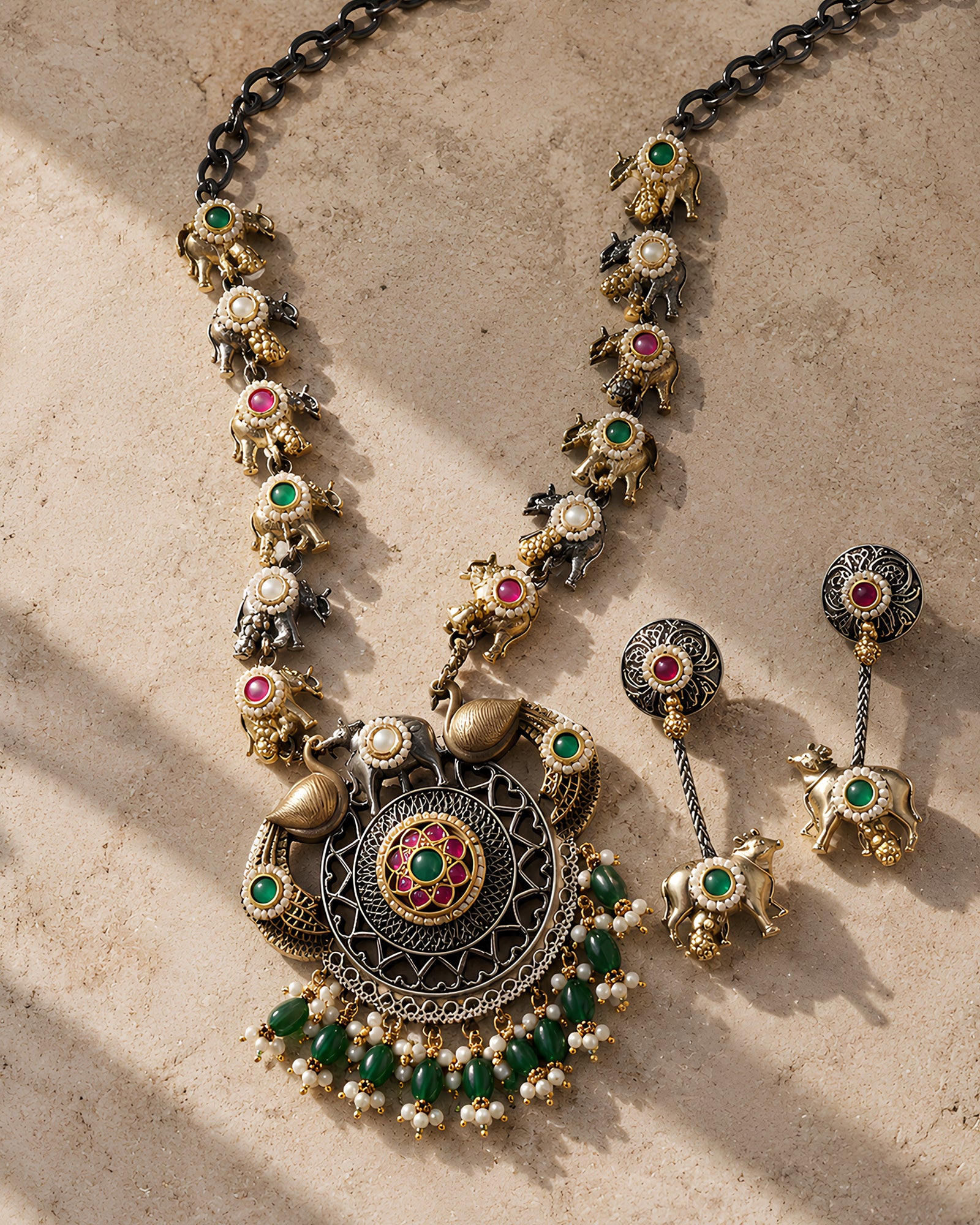 Dual-Tone Peacock Medallion & Heritage Motif Necklace
